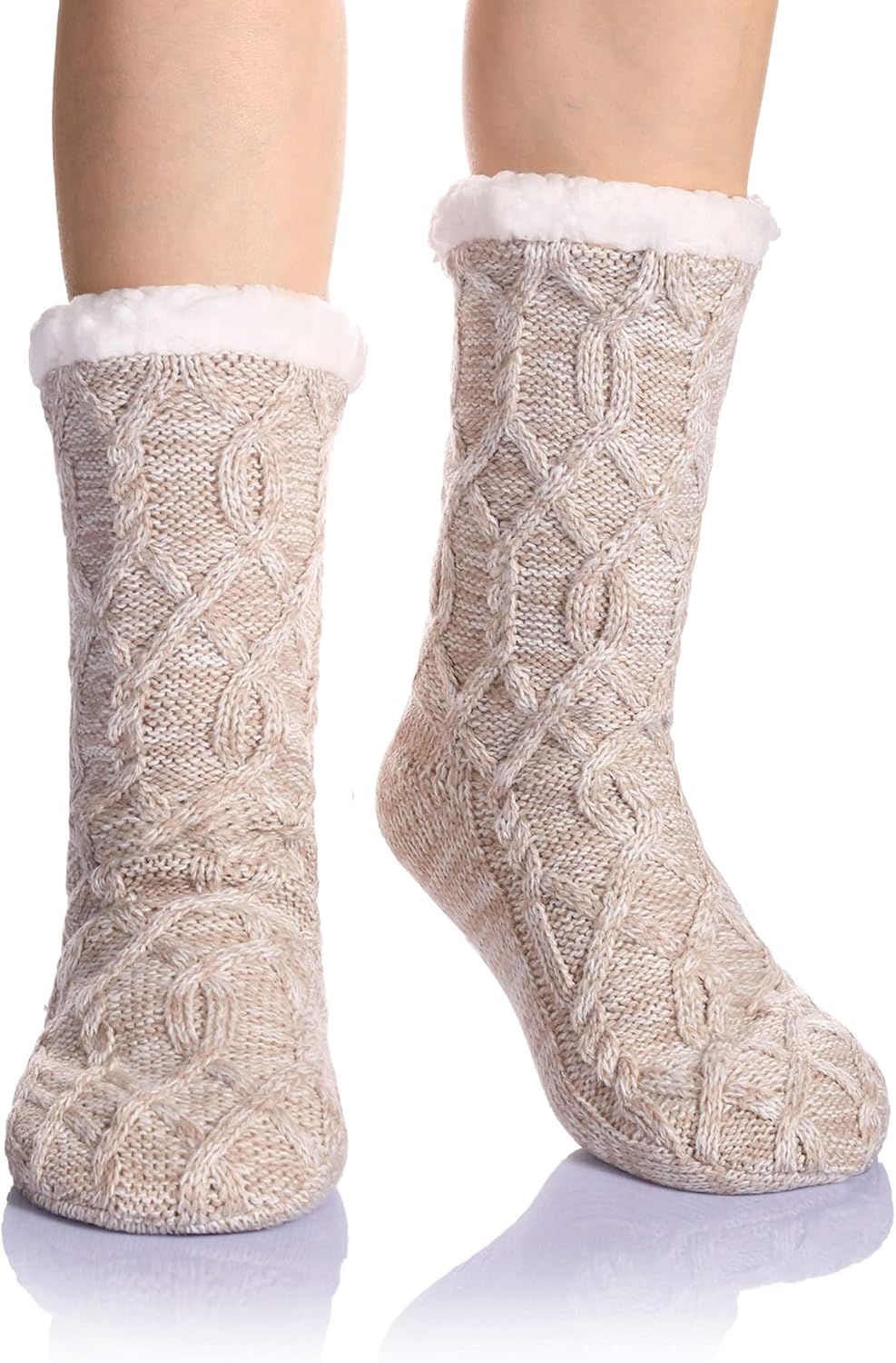 Women Winter Socks Knit Anti-Slip Sweat Warm Cute Cartoon Animals Fuzzy Home Slipper Socks Beige