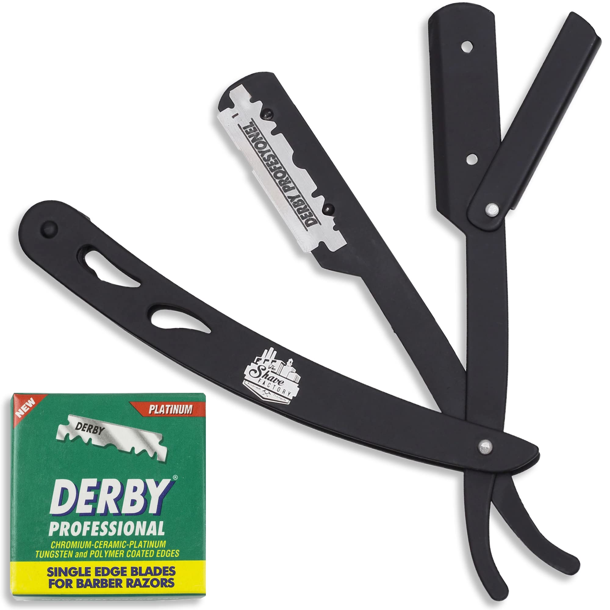 the shave factory Factory® Straight Edge Razor Kit - Single | Stainless Steel razors men from (Black / 100 Derby Professional Blades), 1.0 Count