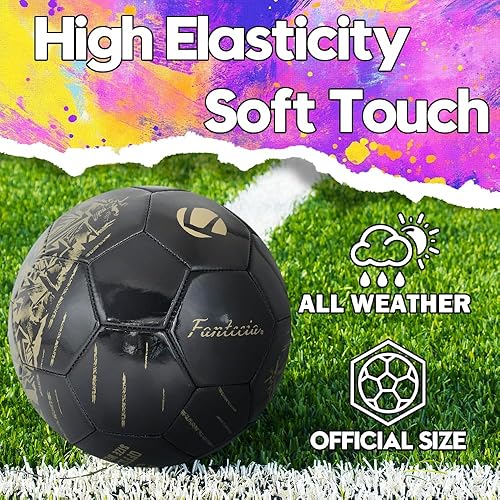 Miniatura 3 de Balón de fútbol tamaño 5, piel sintética para interiores y exteriores, para jóvenes y adultos, fútbol negro con estampado dorado