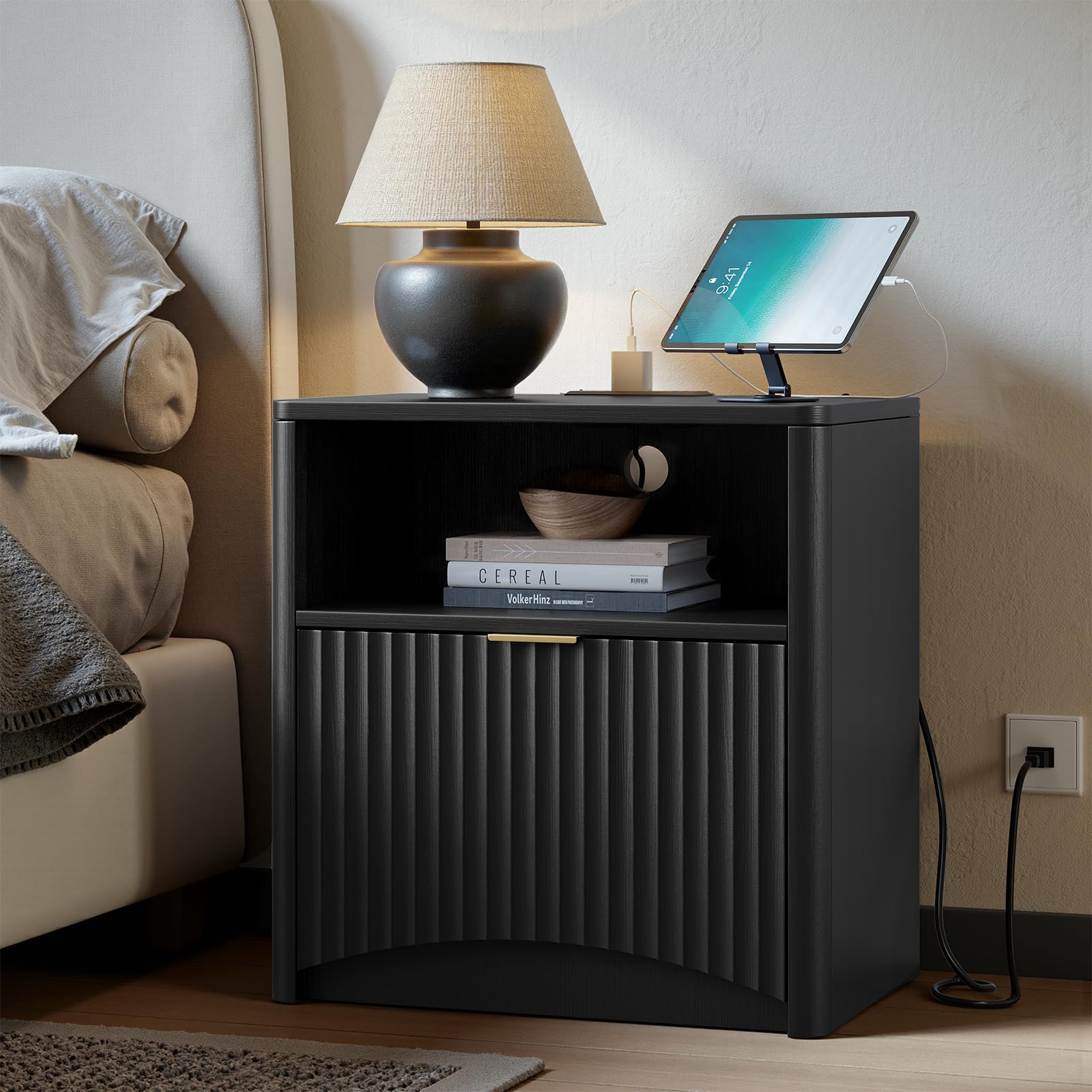 Evermagin Fluted Nightstand with Charging Station, Black Bedside Table