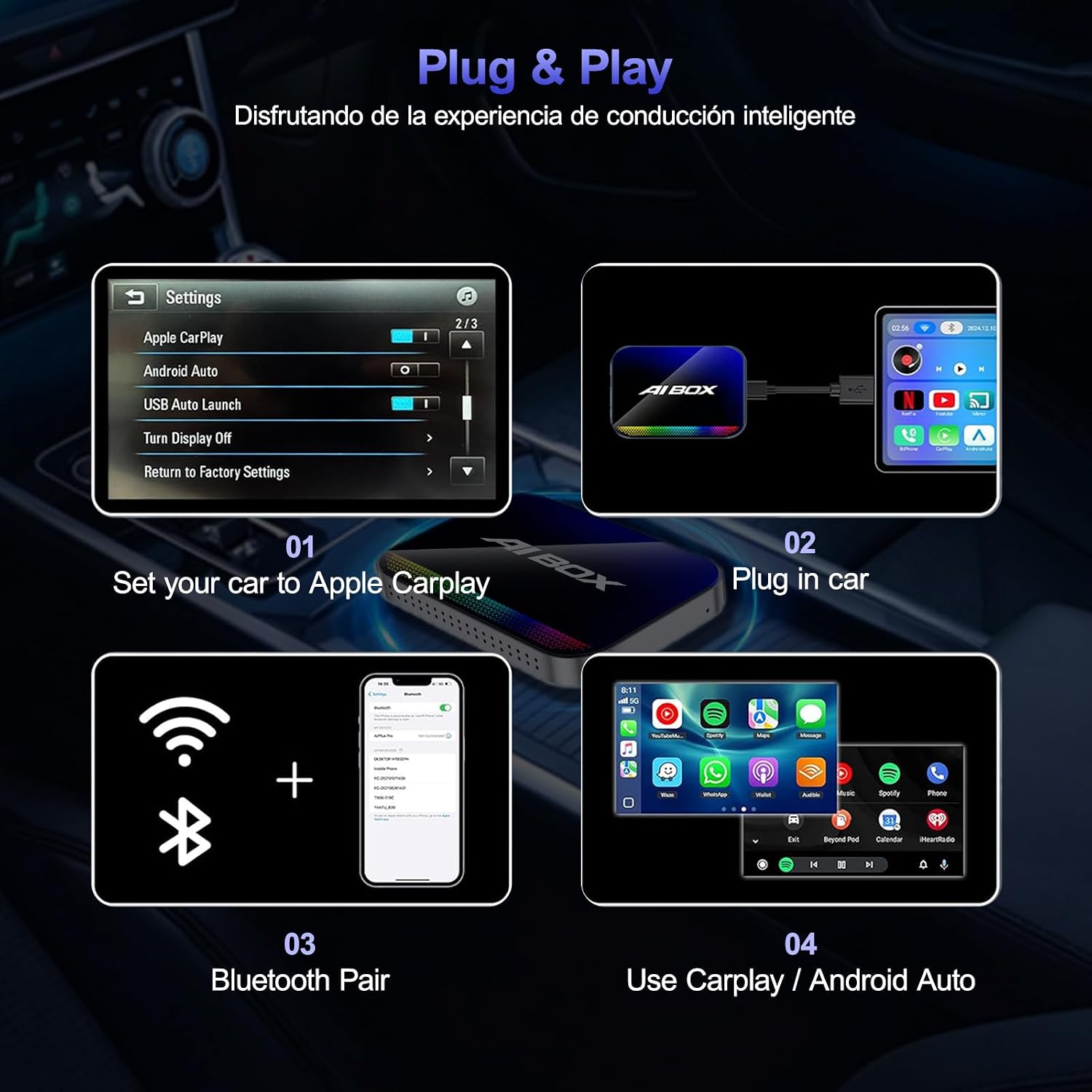 Wireless CarPlay & Android Auto Adapter, Magic AI Box with YouTube TikTok, Built-in Play Store and Screen Mirroring, Plug and Play Video Adapter for OEM Factory Wired CarPlay Vehicles