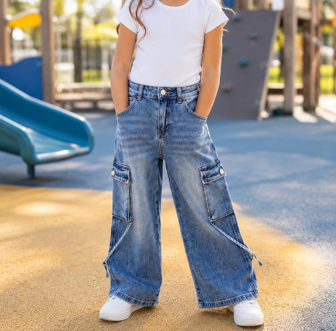 KIDSCOOL SPACE Jeans cargo da ragazza, gamba larga, elasticizzati, in denim, con 6 tasche reali