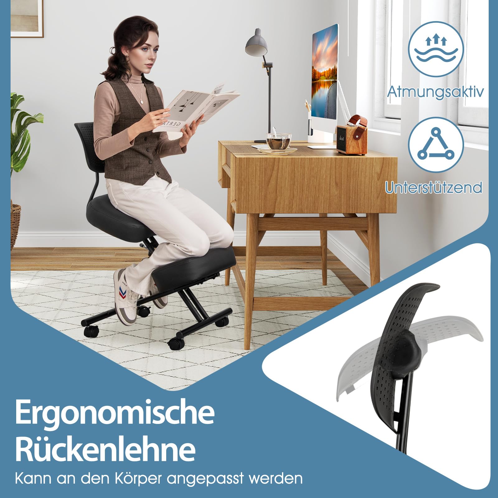 COSTWAY Ergonomischer Kniestuhl, Kniehocker mit schrägem Sitz zur Schmerzlinderung, Orthopädischer Bürostuhl mit feststellbaren Universalrollen, dick gepolsterte Kissen (mit Rückenlehne)