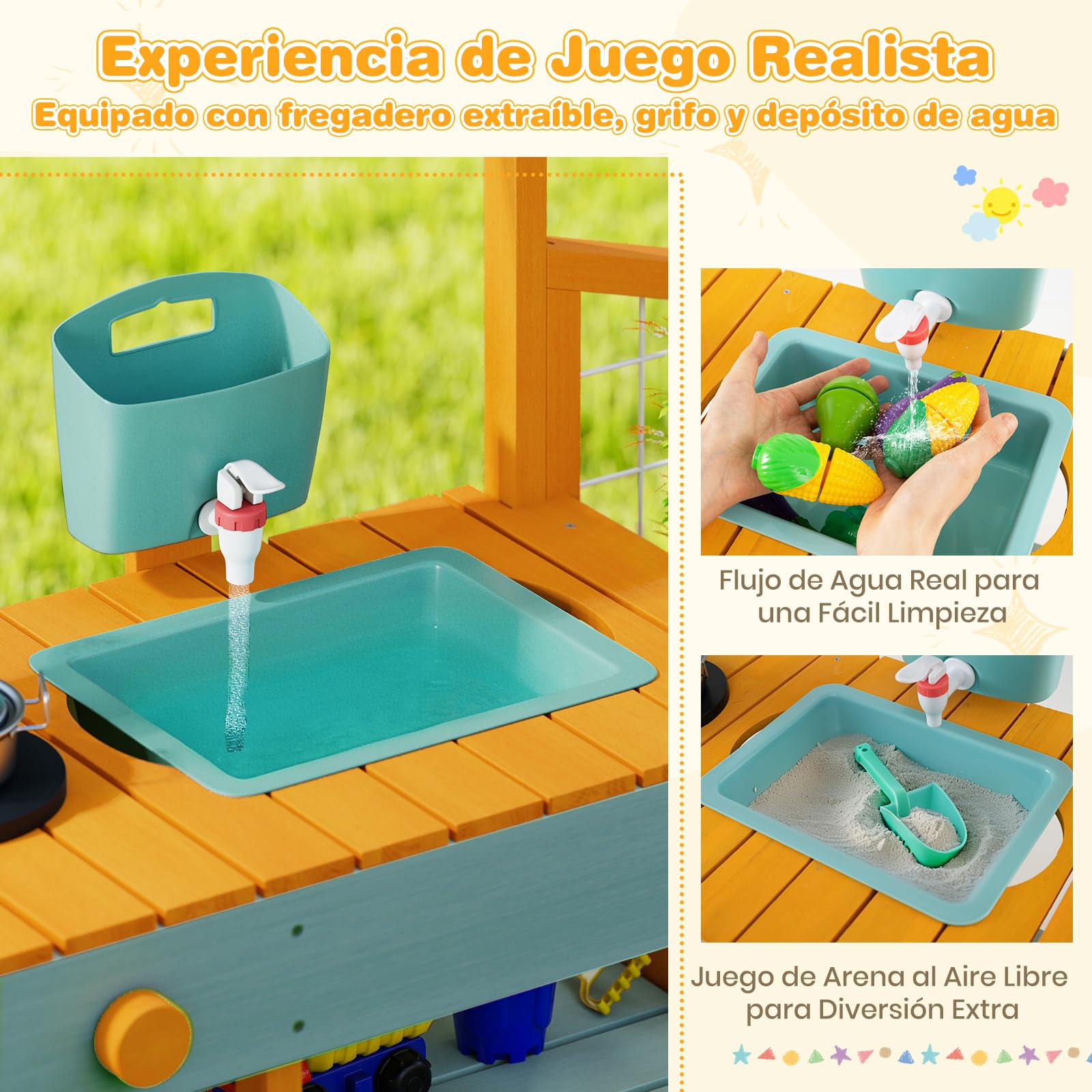 COSTWAY Cocina Juguete Exterior, Cocinita Infantil de Madera con Jardinera y Enrejado, Cocina de Barro con Fregadero Extraíble, Grifo, Fogones, Depósito de Agua para Niños de 3-8 Años (Amarillo)