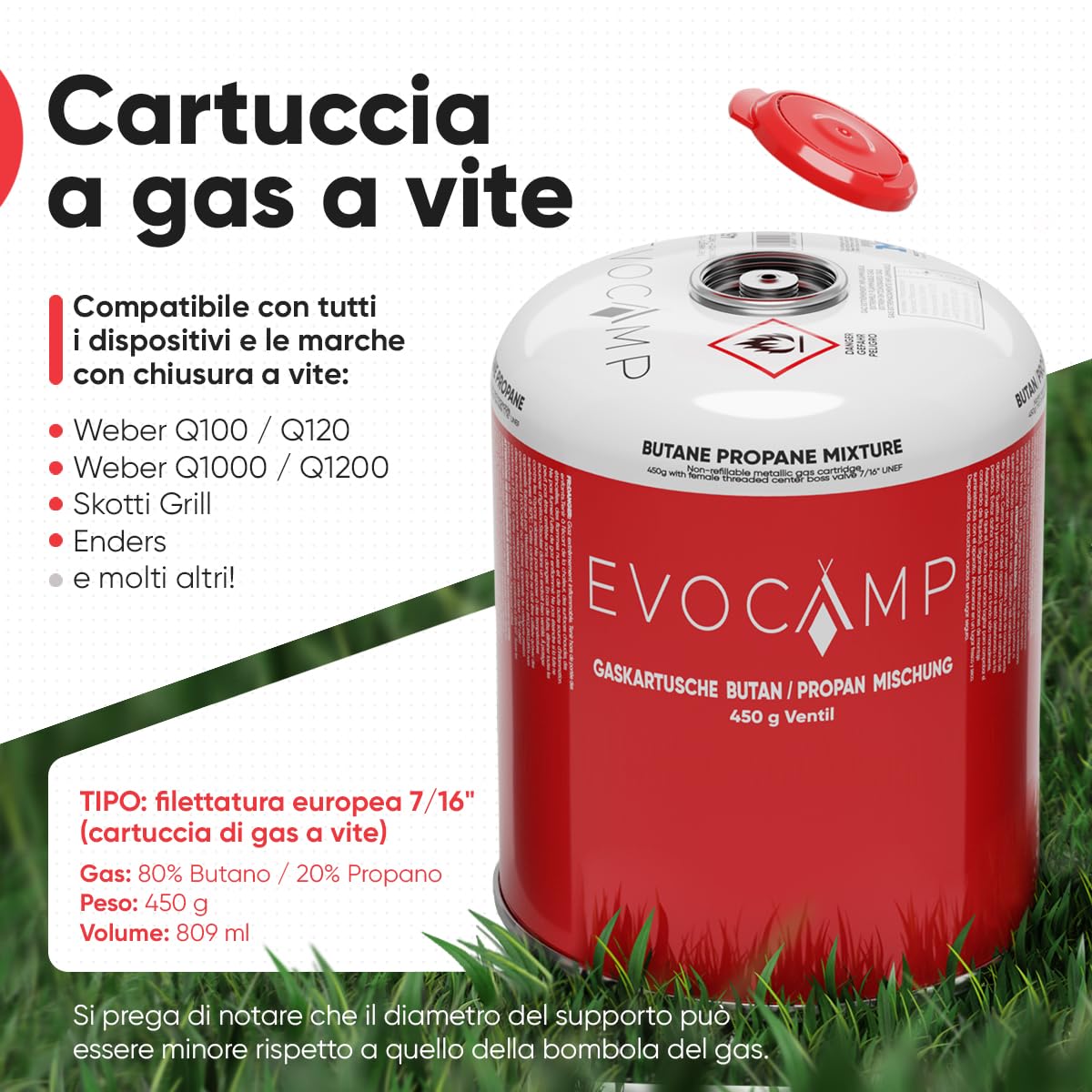 EVOCAMP Cartuccia di gas propano butano da 450g, cartuccia a vite con filettatura europea 7/16", bombola di gas a valvola da 809ml, bombolette di gas utilizzabile per griglie Weber (12X)