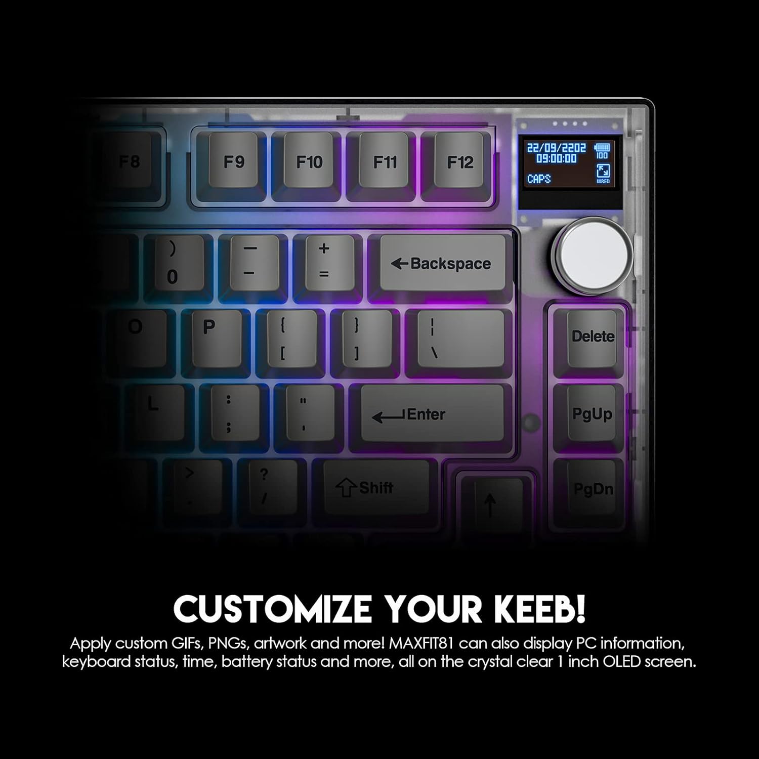 Avvicinamento view of the customizable OLED display on the FANTECH MAXFIT81 keyboard, showing time and system information.