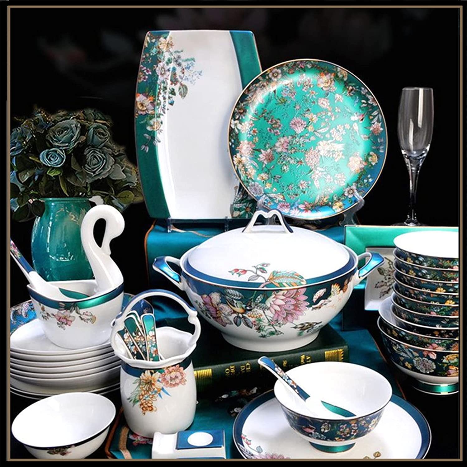 70-częściowe zestawy obiadowe, zestaw obiadowy z porcelany Jingdezhen Palace dla 12 osób, luksusowy francuski zestaw ceramicznych talerzy obiadowych, rodzinna zastawa stołowa do hotelu