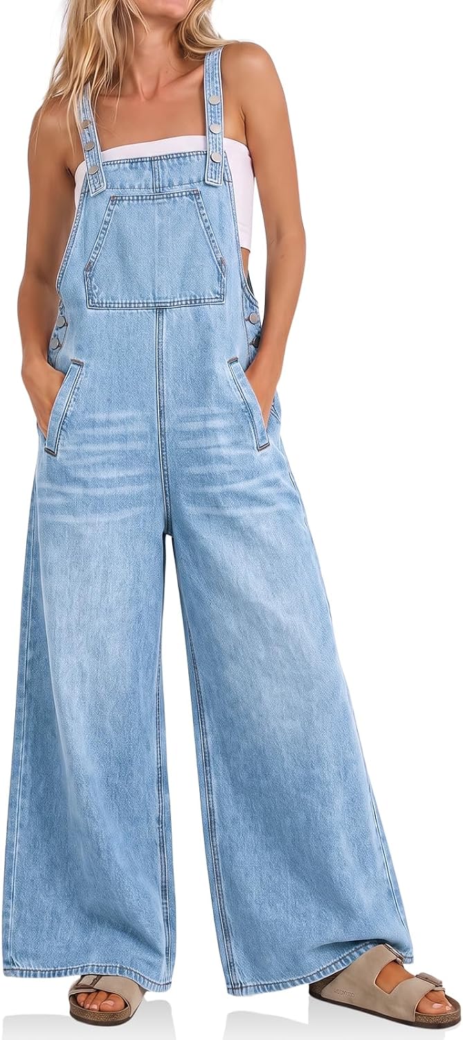 Cicy Bell Womens Bib Denim Overalls Adjustable Straps Flared Jean Jumpsuit | Wide leg, Baggy, Y2k Boyfriend Jean Overalls, Summer Loose Fit, Long Pants Romper, Trendy Casual, Daily Wear, Button Down