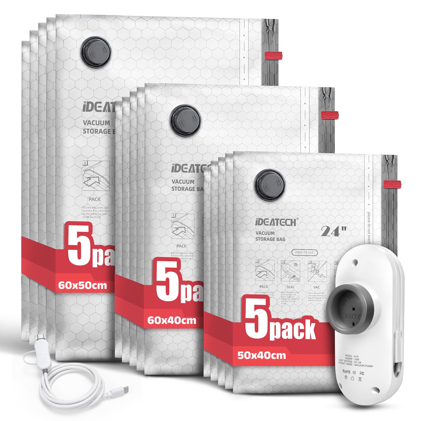 IDEATECH Vakuumbeutel 15 Stück (5S 50x40cm + 5M 60x40cm + 5L 60x50cm) mit Elektrische USB-Pumpe Kompressionsbeutel Wiederverwendbar Luftdicht für Kleidung Bettdecken