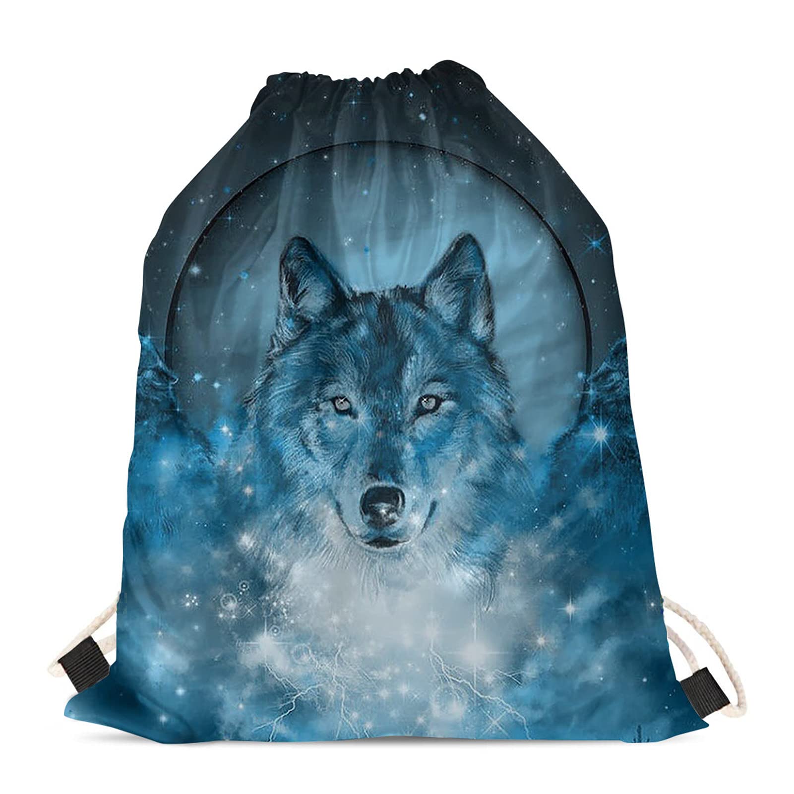 Showudesigns Galaxy Wolf Gym Bag Drawstring Aqua Blue Beach Shopping Back Pack Kids Gifts Swimming PE Cinch Sack for School Sport Hiking Gymbag — image 1