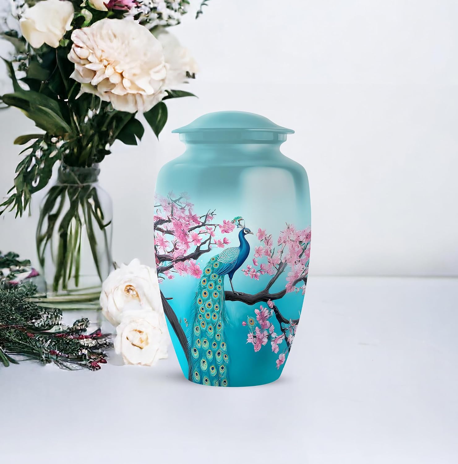 Peacock Urns for Ashes Female Mom and Dad Remains - Pink Flowers Burial Urns for Human Ashes Adult Male and Female 10 Inch, 4 Keepsake Set - Blue Adult Human Urn for Mother & Father