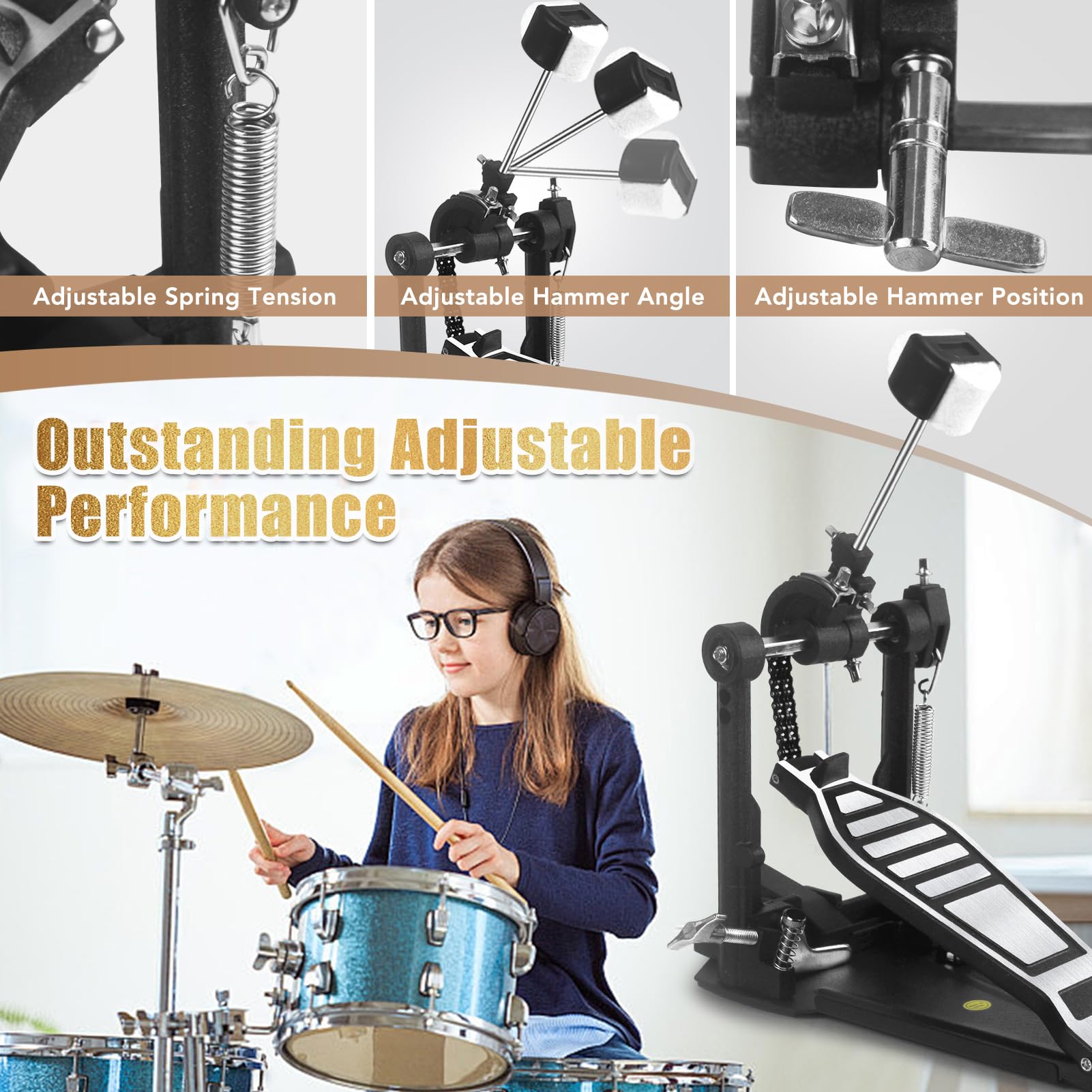 Pedal de bombo de un solo patada, pedal de doble cadena de alta resistencia, hardware de percusión para juego intenso, sistema de leva de potencia totalmente ajustable y juego de tambor