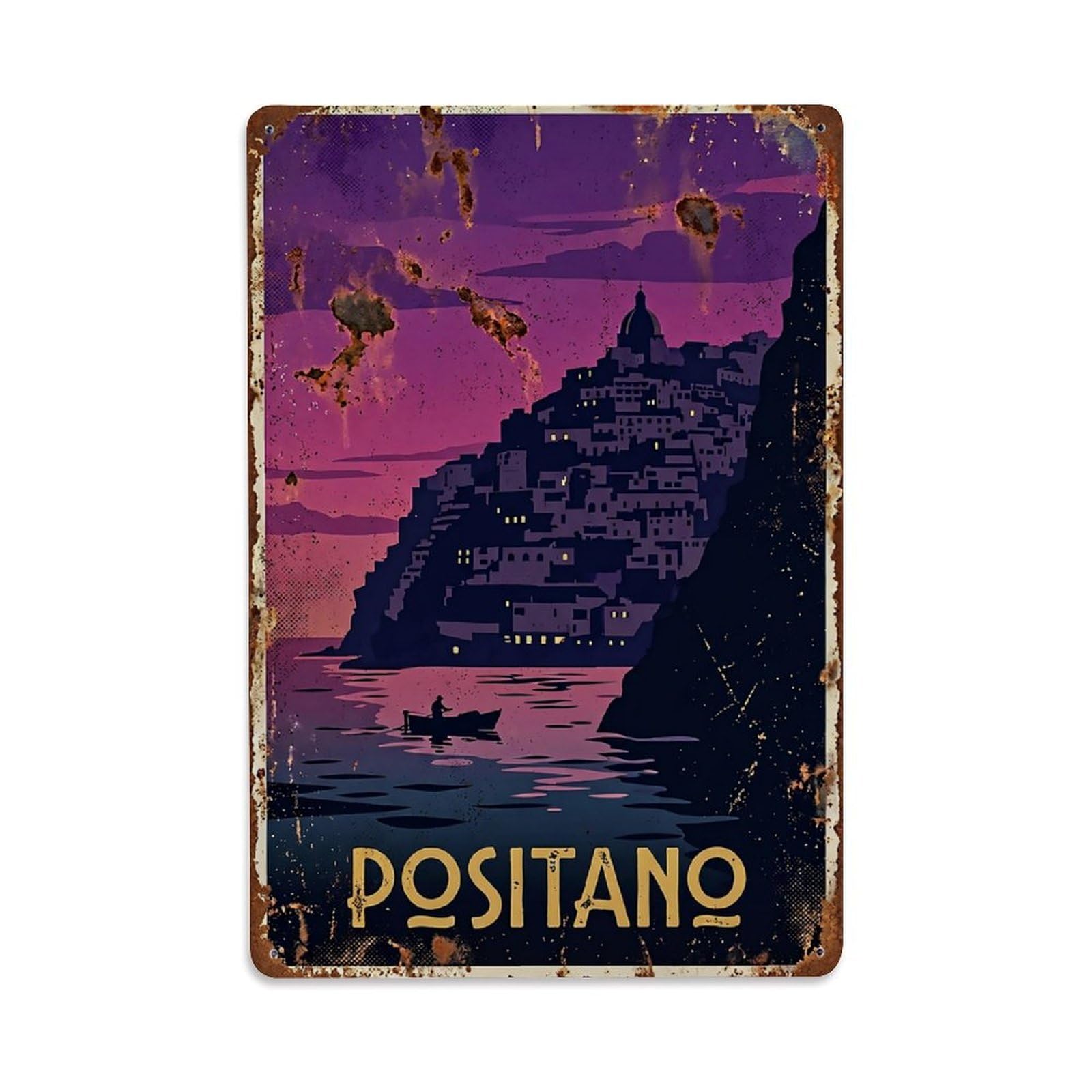 Huiyhb 8X12inch(20X30cm) Vintage Travel Positano Italy Dusk Silhouette Glow Metal Tin Sign