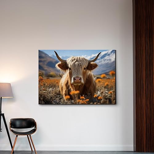 Miniatura 3 de Highland Cow Wall Art, This Is Our Happy Place Inspirational Canvas Poster for Home, Long Haired Scottish Cow with White Flower Picture Farmhouse