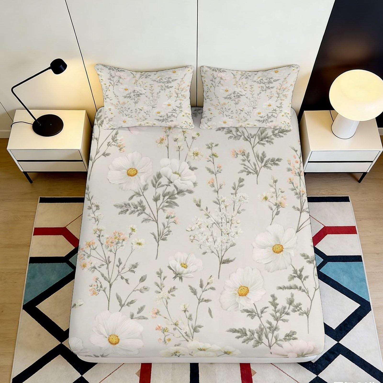 3D Printed White Floral Fitted Sheet Microfiber Soft Breathable Botanical Mattress Cover for Bedroom Dormitory Guest Room Mattress Protection Decor 140x200x25cm