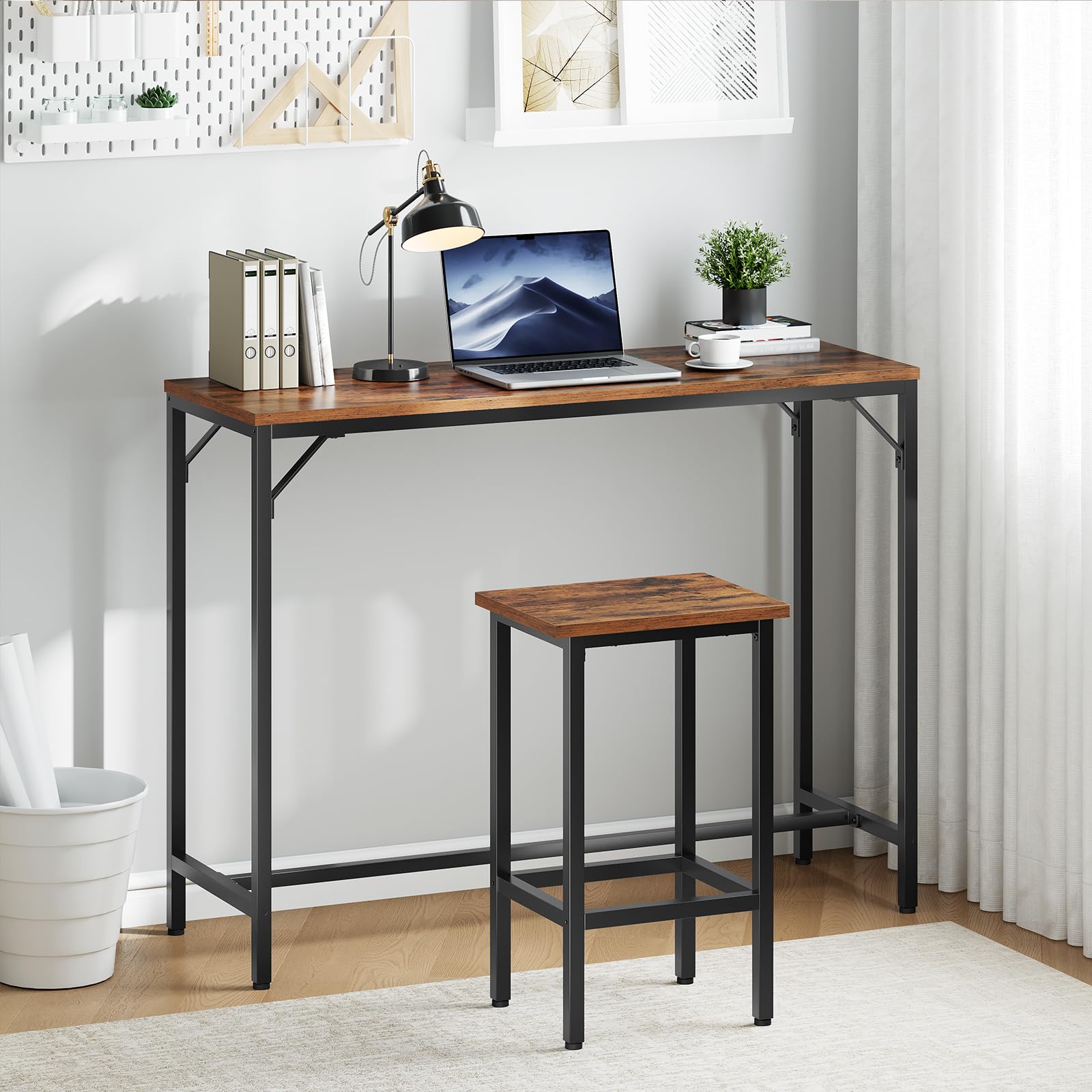 HOOBRO Juego de Mesa y 2 Taburetes de Bar, Estilo Industrial, Mesa de Comedor con 2 Asientos, 120 x 40 x 91 cm, para Sala de Estar, Cafetería, Cocina, Negro y Marrón Rústico EBF46BT01