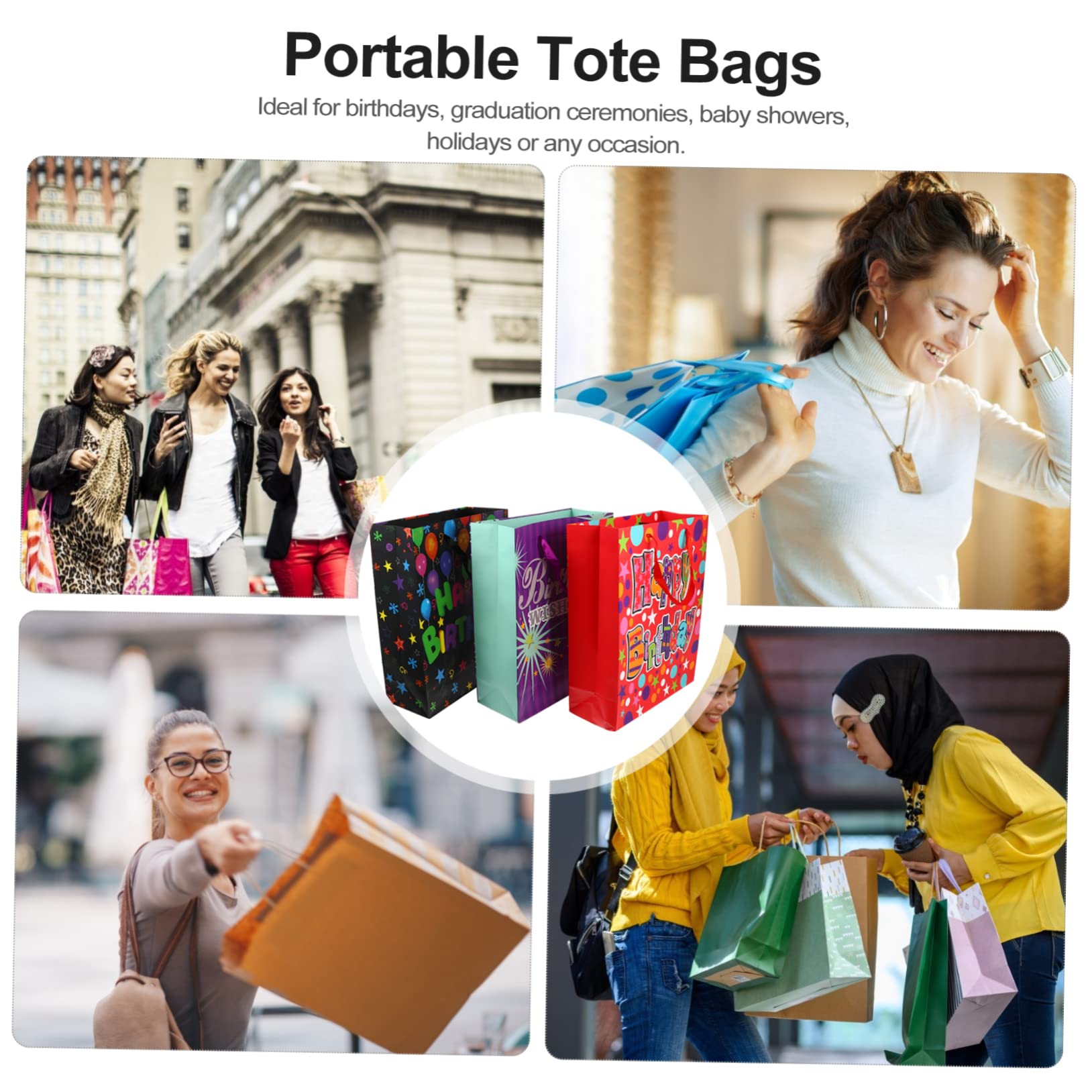 WRITWAA 12 Pcs Paquet Fourre-tout en Papier avec Poignées pour Anniversaires et Fêtes Plusieurs styles
