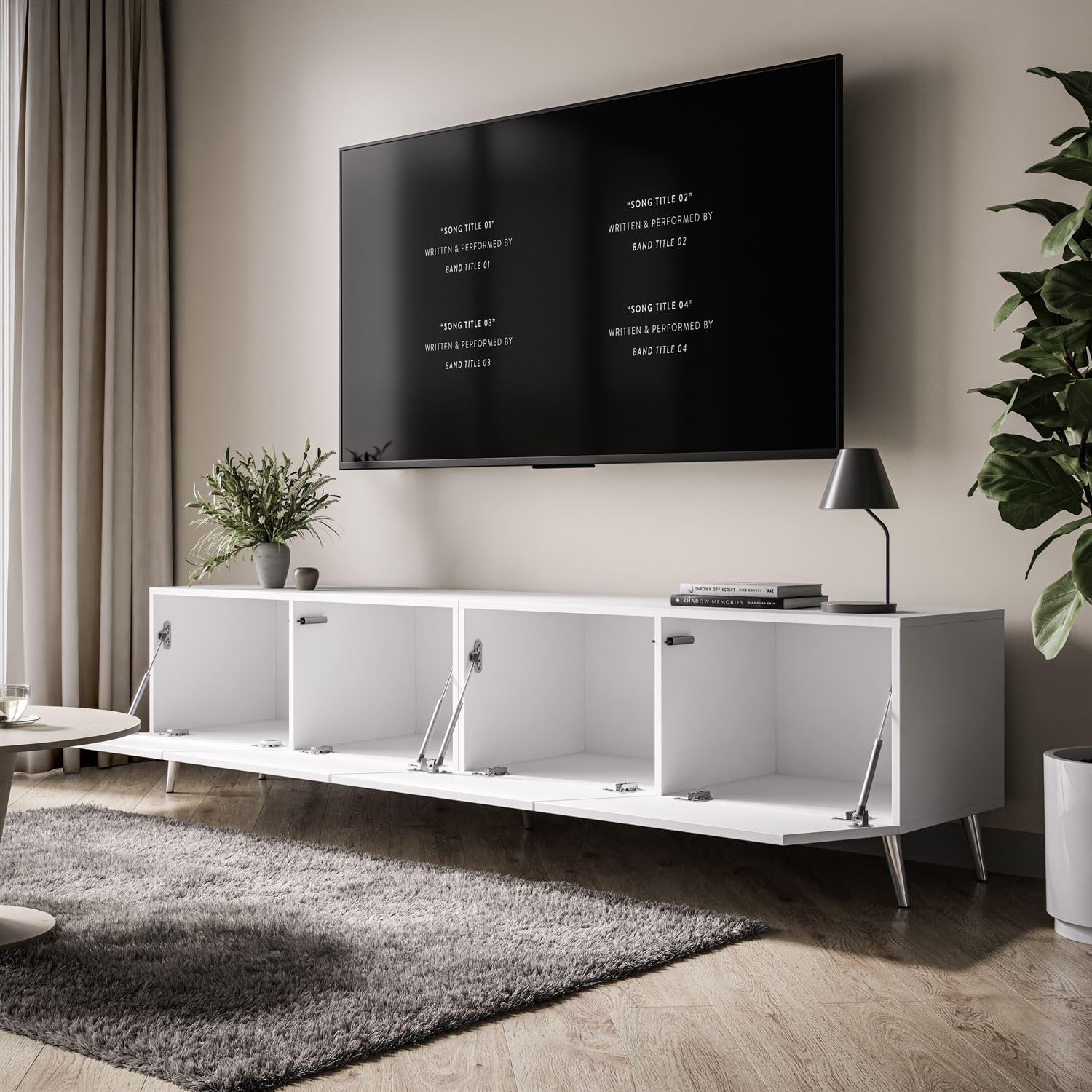 Lookway Moderner TV-Schrank in Weiß Hochglanz, optional mit LED-Beleuchtung auf schrägen Onyx-Beinen – COLGANTE 200 cm (Beine: Silber Chrom, ohne LED Beleuchtung)