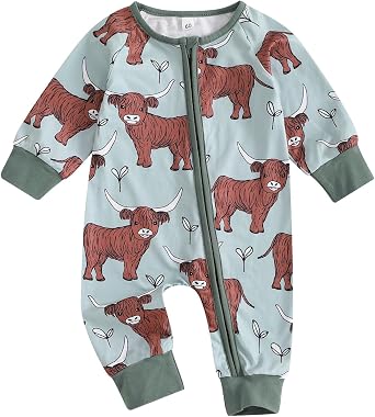 Country Baby Clothes Boy Girl Farm Animal Print Long Sleeve Romper Zipper One Piece Jumpsuit Cute Fall Outfit