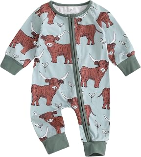 Highland Cow Baby Girl Boy Clothes, Western Farmhouse Romper, 2-Way Zipper Infant Sleep and Play Outfit 0-12M