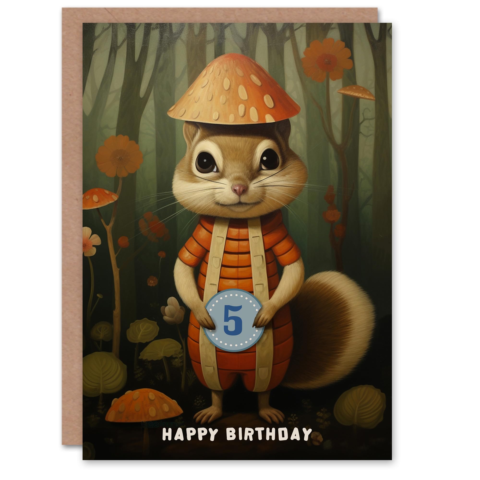 Artery8 5th Birthday Greeting Card Squirrel Mushroom Woodland Kids Age 5 Year Old Child