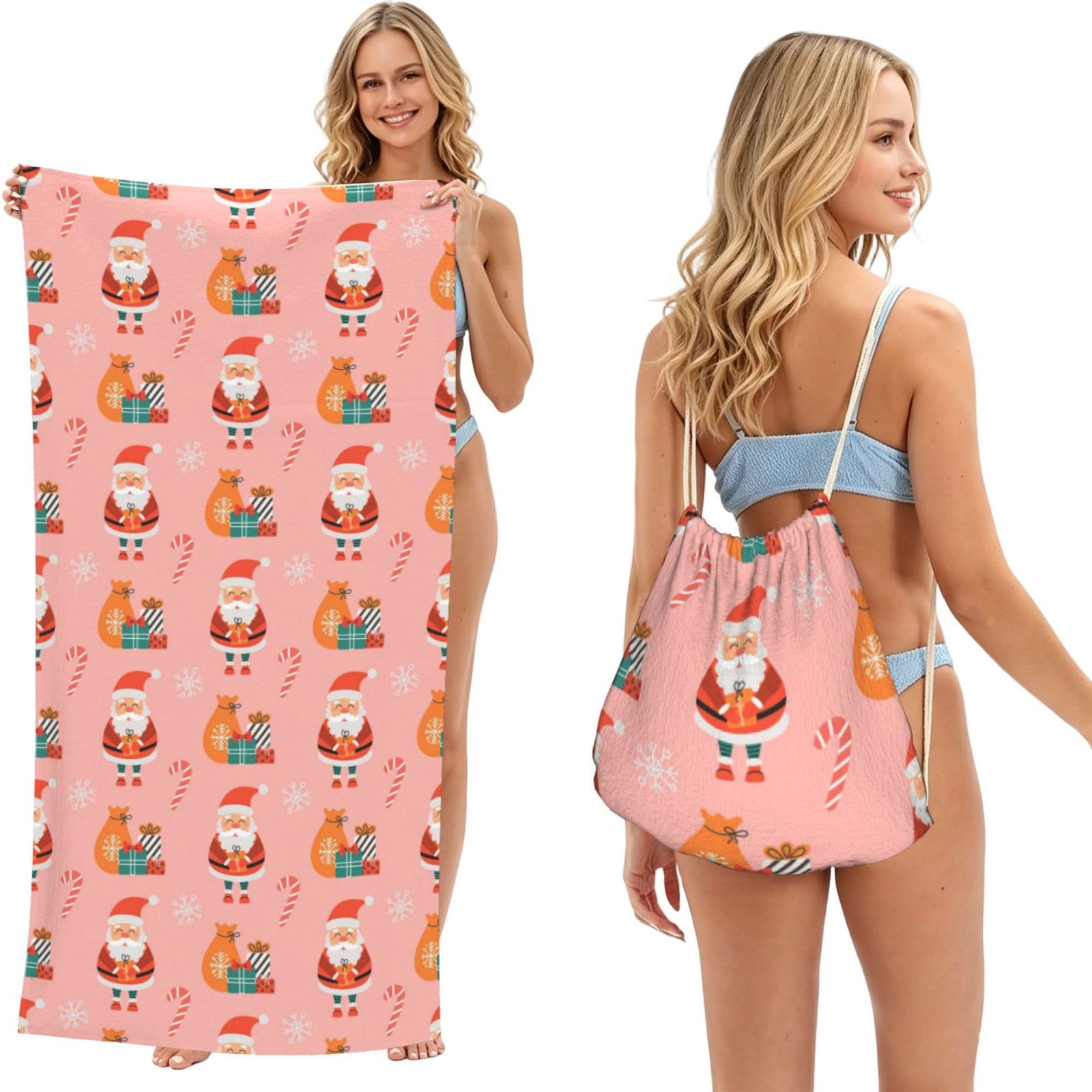 Poadnly As Picture Cute Christmas Santa And Gifts Pattern, 2 In 1 Packable Towel Bag, Beach Towels With Drawstring Backpack For Travel Holiday Camping