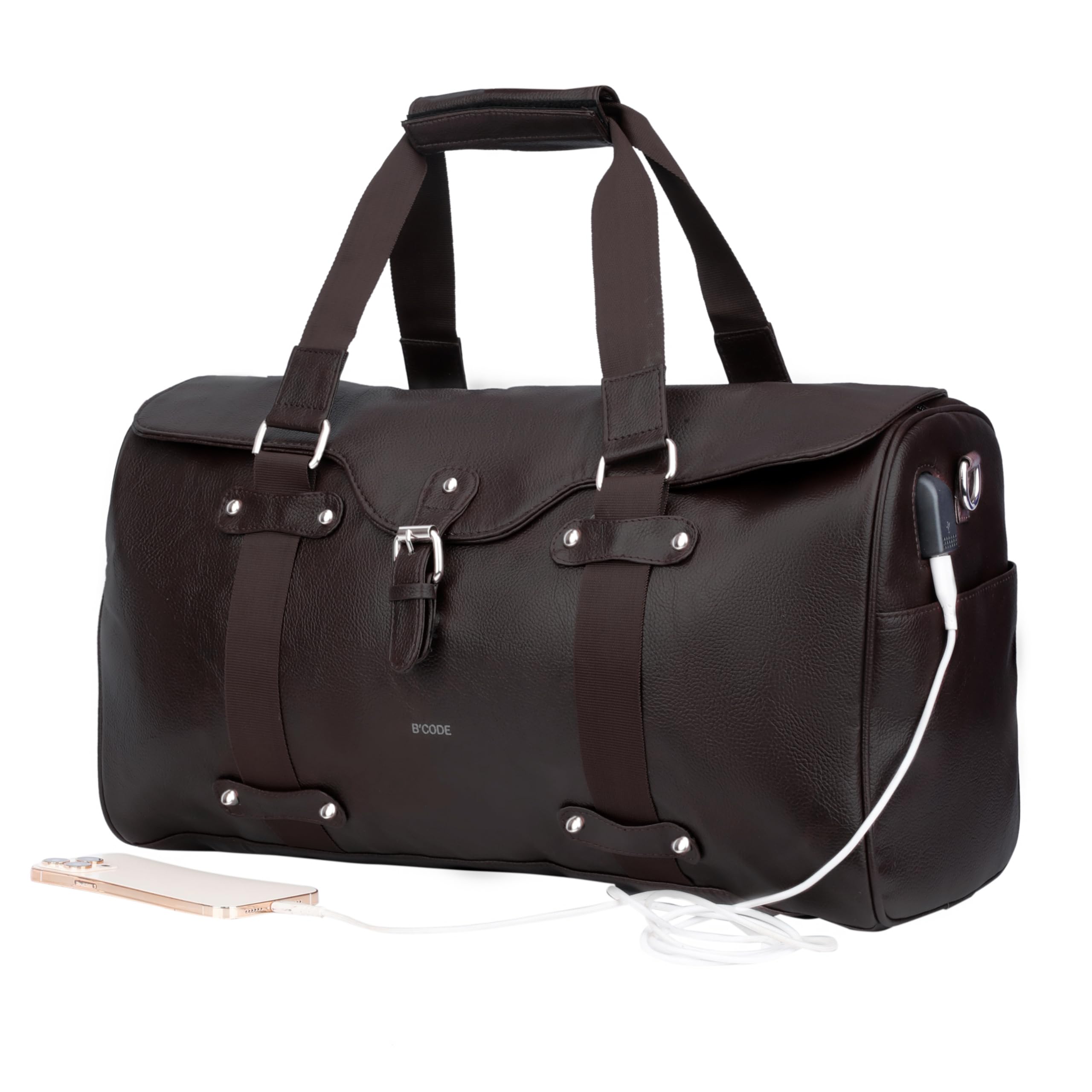 The Techno Travel Duffel Bag with Wireless Charging for Men and Women Made of Brown Vegan Leather (Brown)-image-14