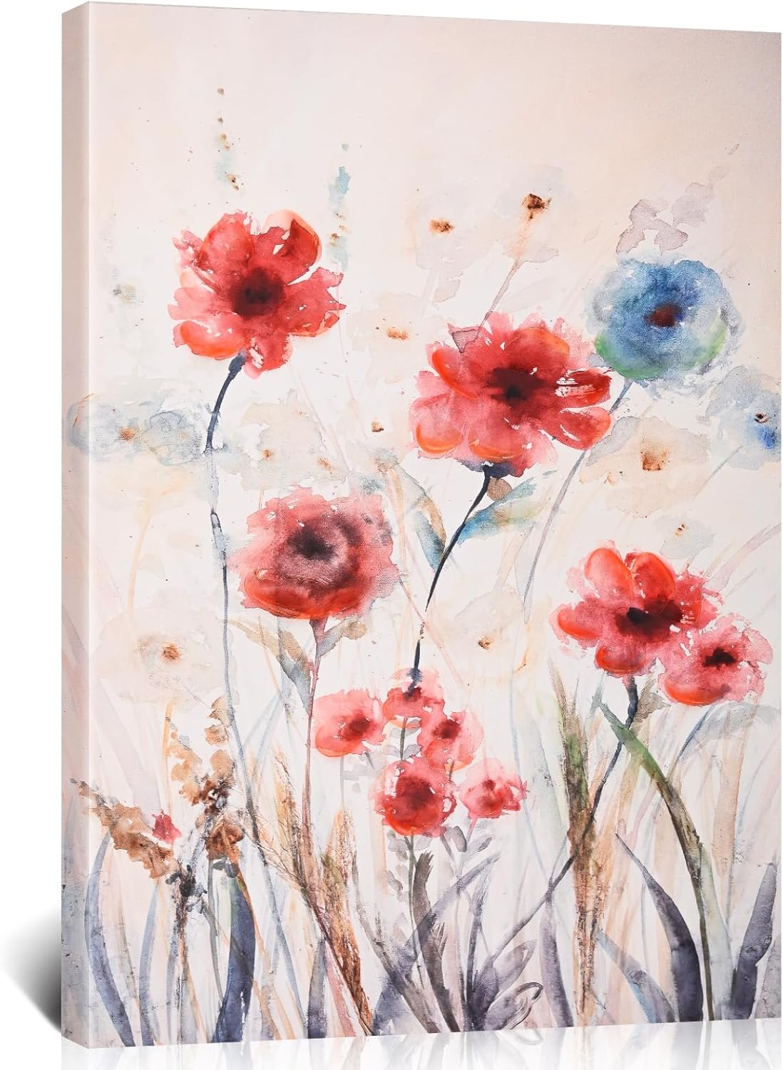 Poemwish Expressive Flower Wall Art, Vintage Wall Art with Loose Brushstrokes, Floral Decor in Red Pink and Blue, Artistic Bloom Painting on Cream Background