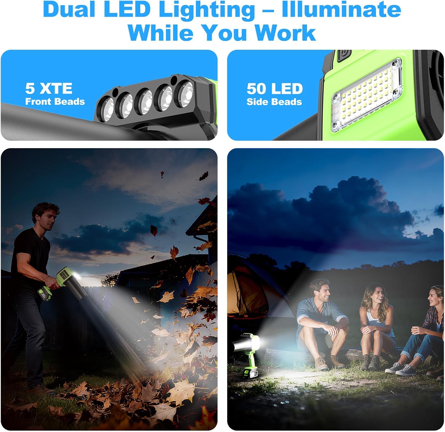 DEGGE Brushless Leaf Blower Cordless, Handheld Leaf Blowers with LED Work Light, Two Interchangeable Nozzles, Turbo Jet Blower for Lawn Care, Patio Cleaning, Garage Dust & Outdoor Use - Image 5