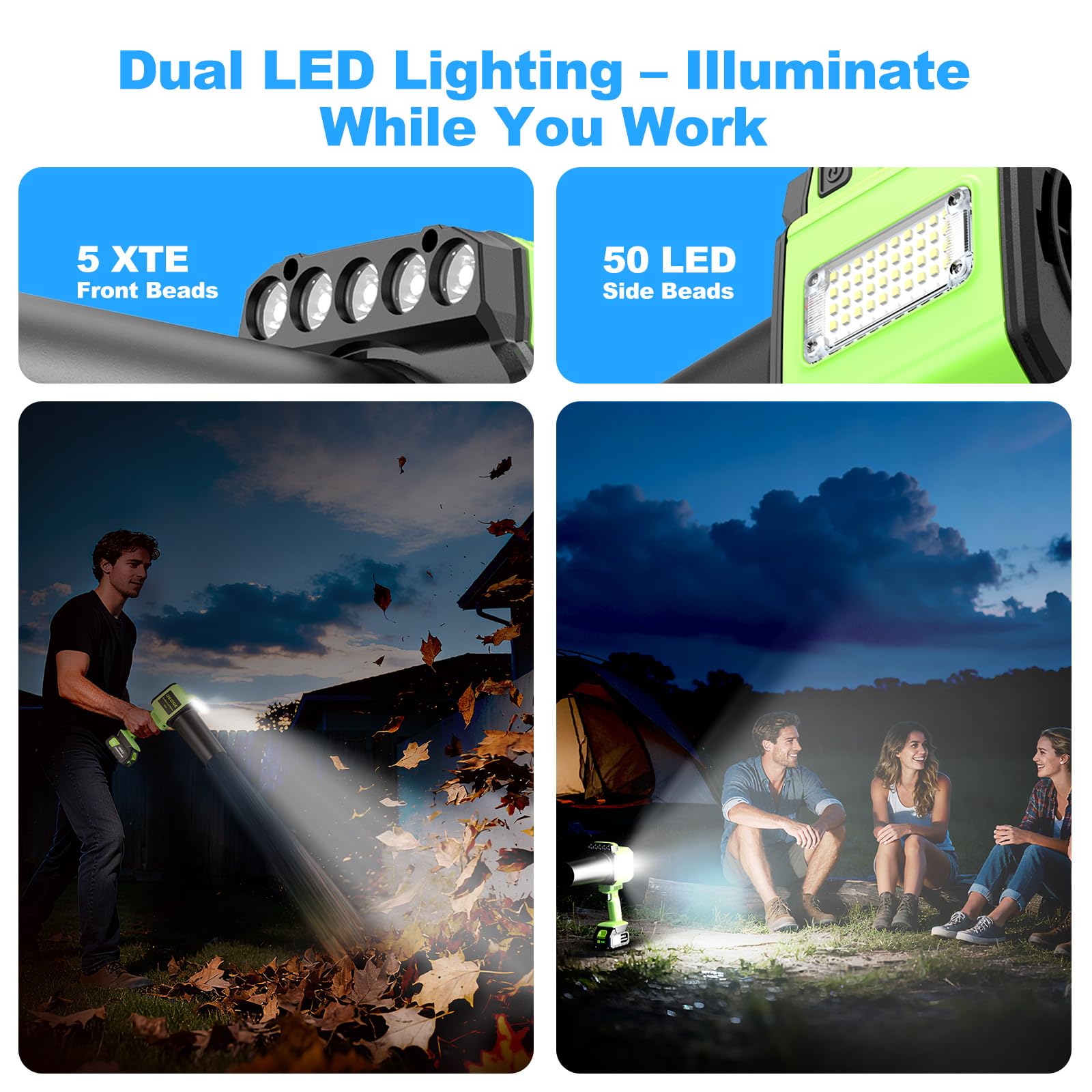 DEGGE Soplador de hojas sin escobillas inalámbrico, sopladores de hojas de mano con luz de trabajo LED, dos boquillas intercambiables, soplador turbo para cuidado del césped, limpieza de patio, polvo