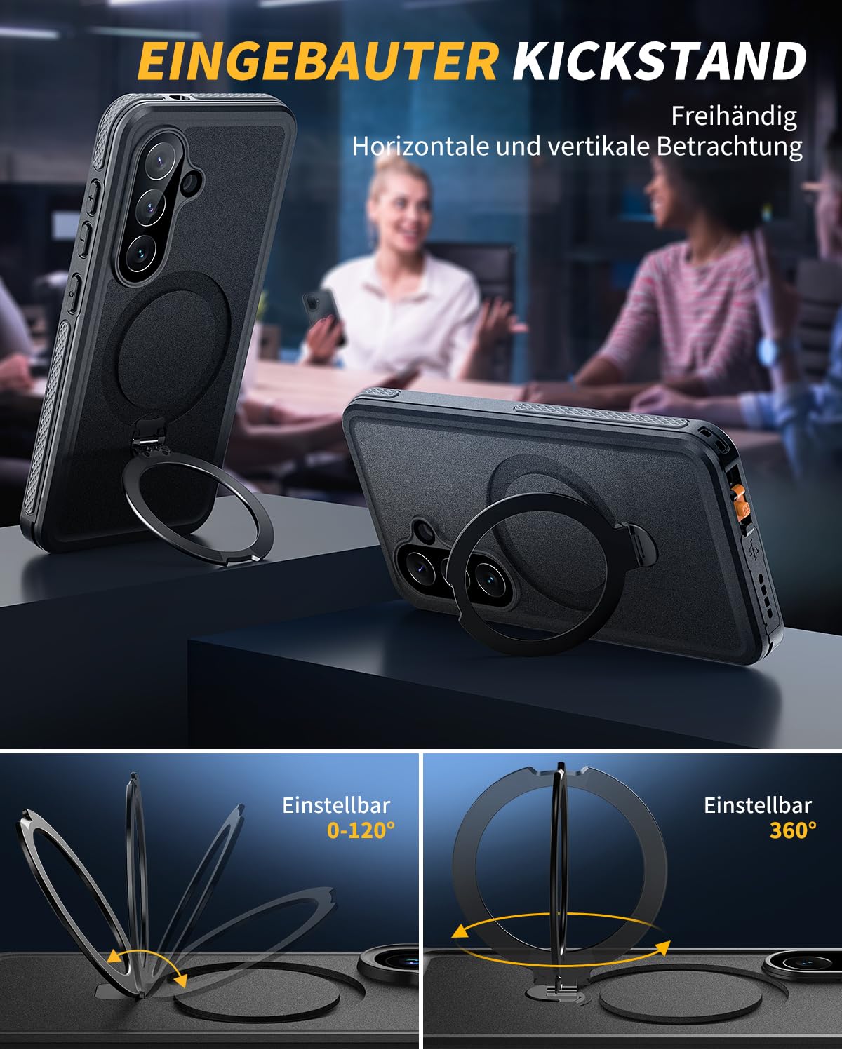 für Samsung Galaxy S26 5G Hülle Wasserdicht mit Ringhalterung Ständer, HandyHülle für Samsung S26 IP68 wasserdichte 360 Schutzhülle,Stoßfest Outdoor Panzerhülle mit Displayschutz,Schwarz