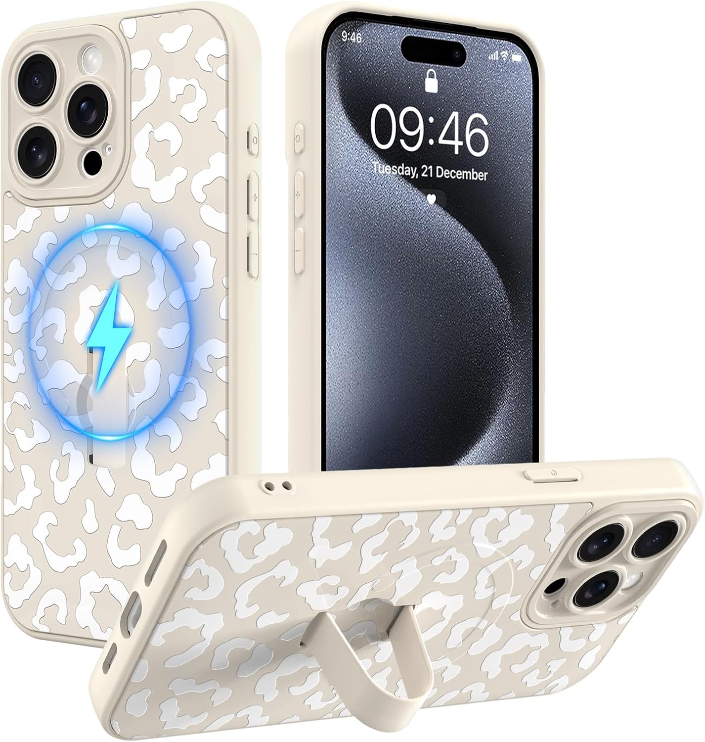 MOWIME Magnetic for iPhone 15 Pro Case with Finger Strap, Compatible with Magsafe, Cheetah Print Pattern for Women Girls, Slim Shockproof Soft TPU Case for iPhone 15 Pro 6.1 Inch, White
