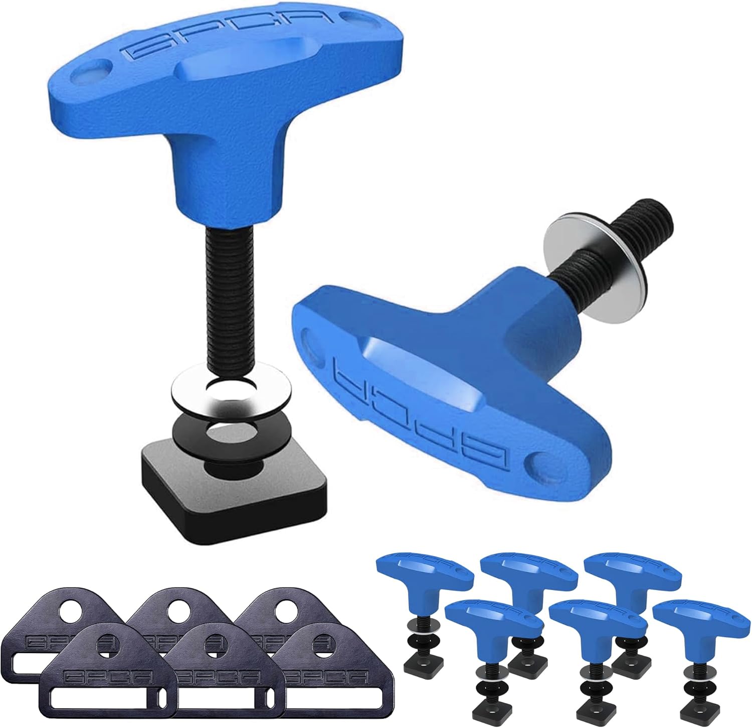 GPCA – Quick Release Tie Down Anchor/T-Handle M8 25mm Screw & D-Plate Set for Ford Bronco Hard Top Removal, Truck Bed Tie Down Anchors, Jeep Accessories, Cargo Tie Down Hooks w/nut 6 Pack (Blue)