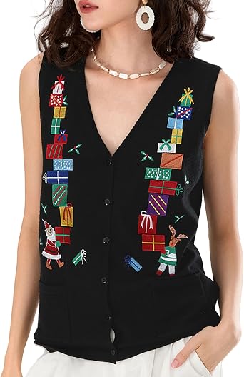 KMBANGI Women Christmas Button Sweater Vest Embroidery Santa Print Sleeveless Cardigan Knit V Neck Vest Top Xmas Clothes
