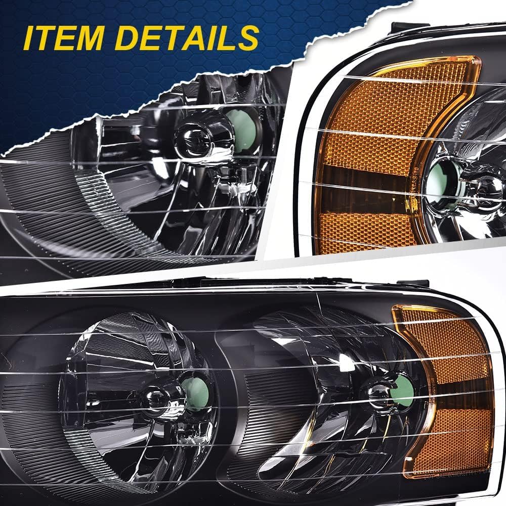 G-PLUS Headlights, Compatible with 2002 2003 2004 2005 Dodge Ram 1500/2003-2005 Ram 2500 3500 Headlamp, Driver Side & Passenger Side, Clear lens Black Housing Amber Reflector