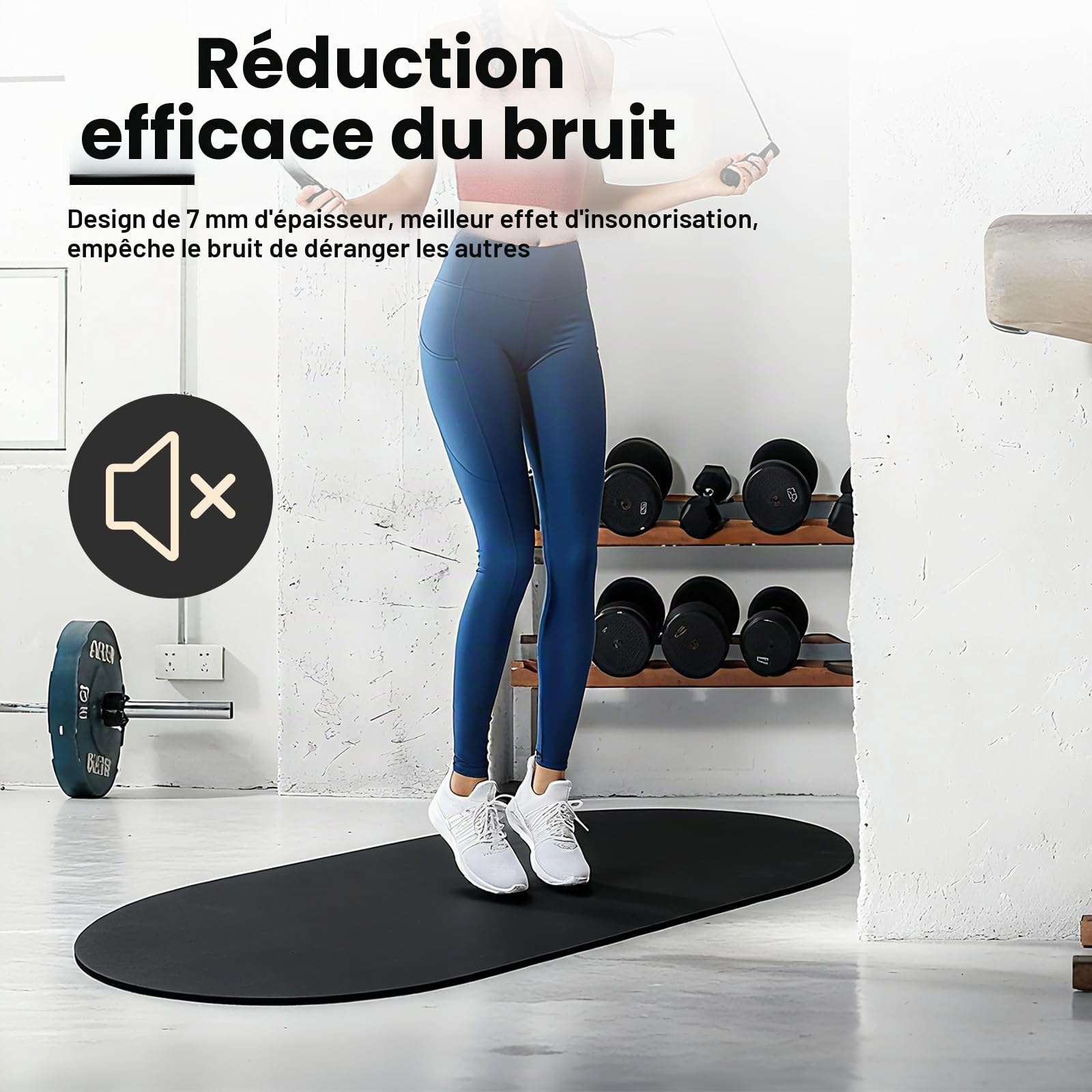 bimiti Tapis en corde à sauter - 140 x 90 cm - Antidérapant - Épaisseur : 7 mm - Absorbe les chocs - Ovale - Pour saut à la corde, yoga, entraînement (noir)