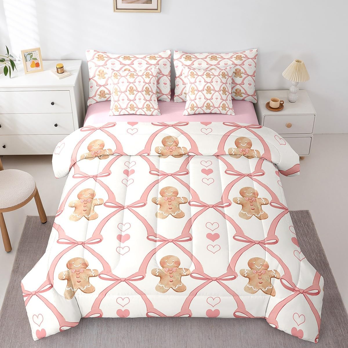 Manfei Gingerbread Twin Bedding Set 7 Pieces,Kawaii Christmas Dessert Love Hearts Graffiti Comforter Set with Sheets,Pink Bokwnot Princess Bow Crossed Patchwork Bed Set in a Bag with Pillow Covers