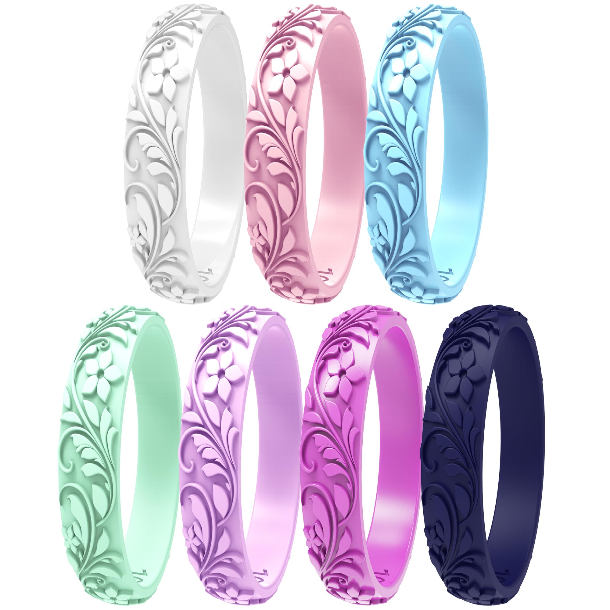 Zollen Women's Silicone Wedding Bands Set of 4/7 - Stackable Silicone Wedding Bands - Innovative Branches and Leaves Floral Collection