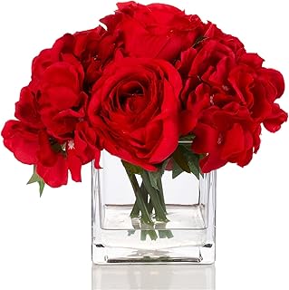 ENOVA FLORAL Small Red Silk Faux Flowers in Vase, Mixed Rose and Hydrangea Artificial Floral Arrangement in Vase with Faux Water for Dining Table Decor, Wedding Event (Red)