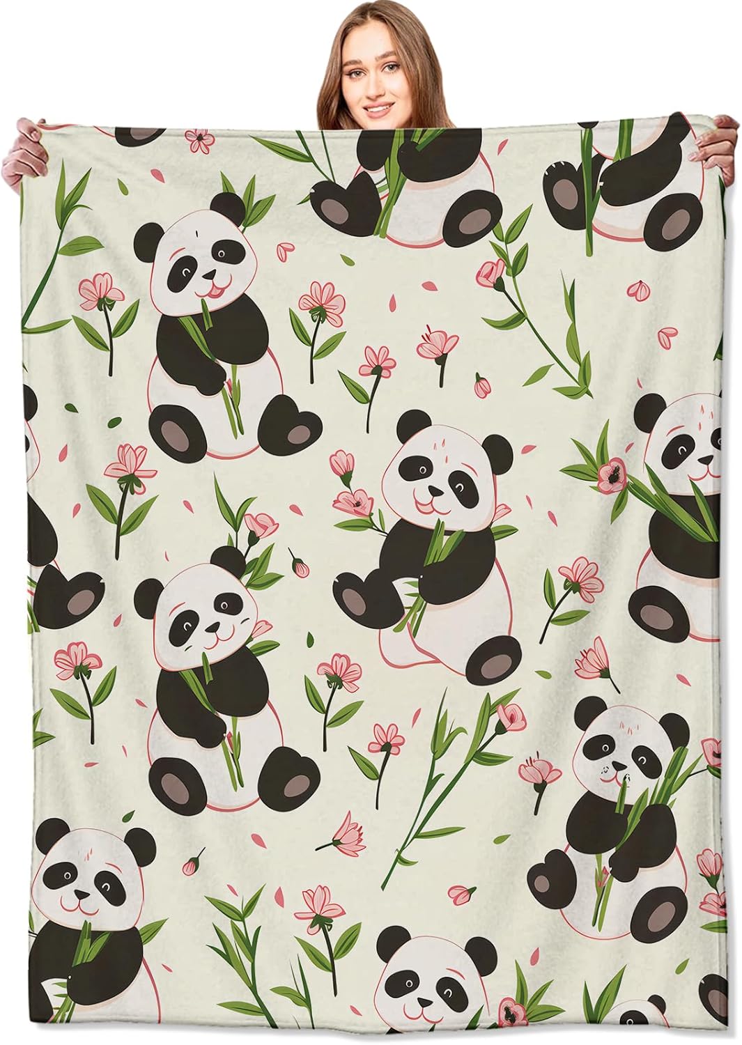 Cartoon Panda Blanket Cute Animal and Floral Flower Throw Blankets,Birthday Gifts for Kids & Animal Lovers,Lightweight Soft Fleece for Sofa Couch Bed Room Travel Farmhouse Decor 50x60in