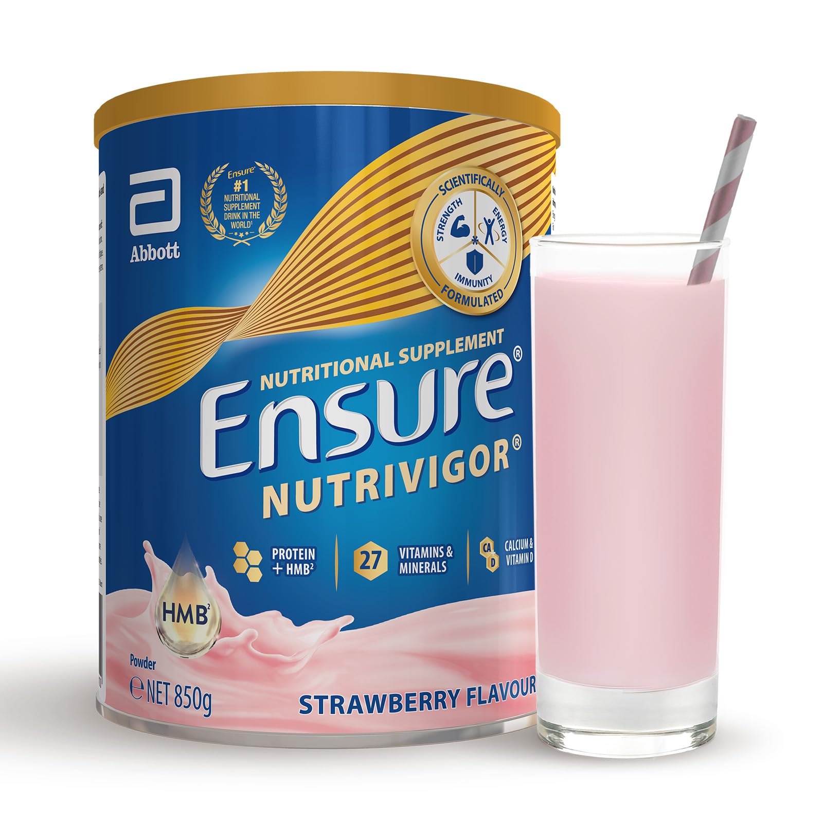 Ensure NutriVigor Nutritional Shake | 850g | Strawberry Flavour | Support Strength, Energy and Immunity | Food supplement with Protein, Vitamins and Minerals | With Vitamin D, Vitamin C and Vitamin B
