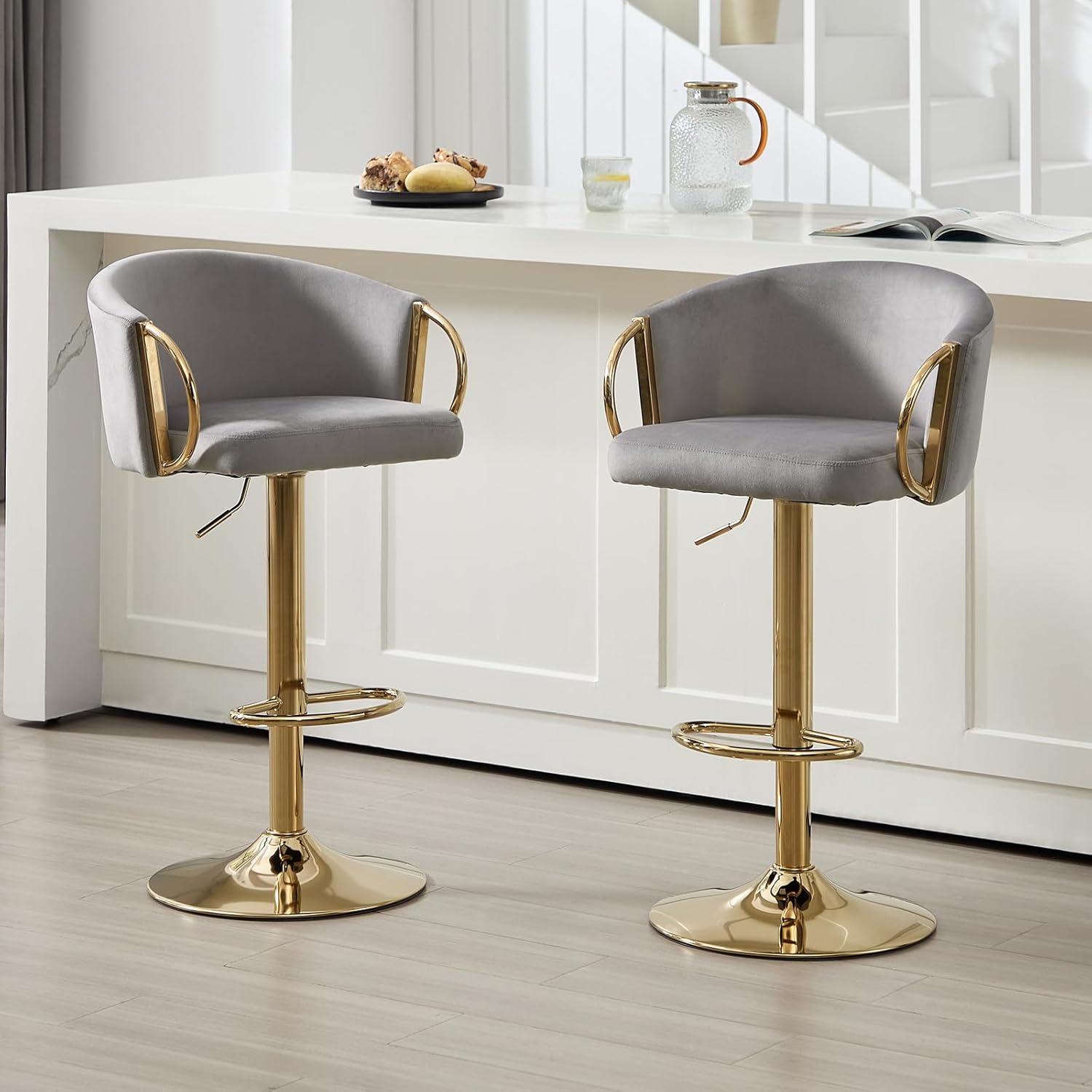 Gold Velvet Bar Stools Set of 2, Adjustable Swivel Counter Height Barstools Luxury Upholstered Bar Chair with Low Back Golden Metal Base for Kitchen Island/Living Room/Pub,Grey