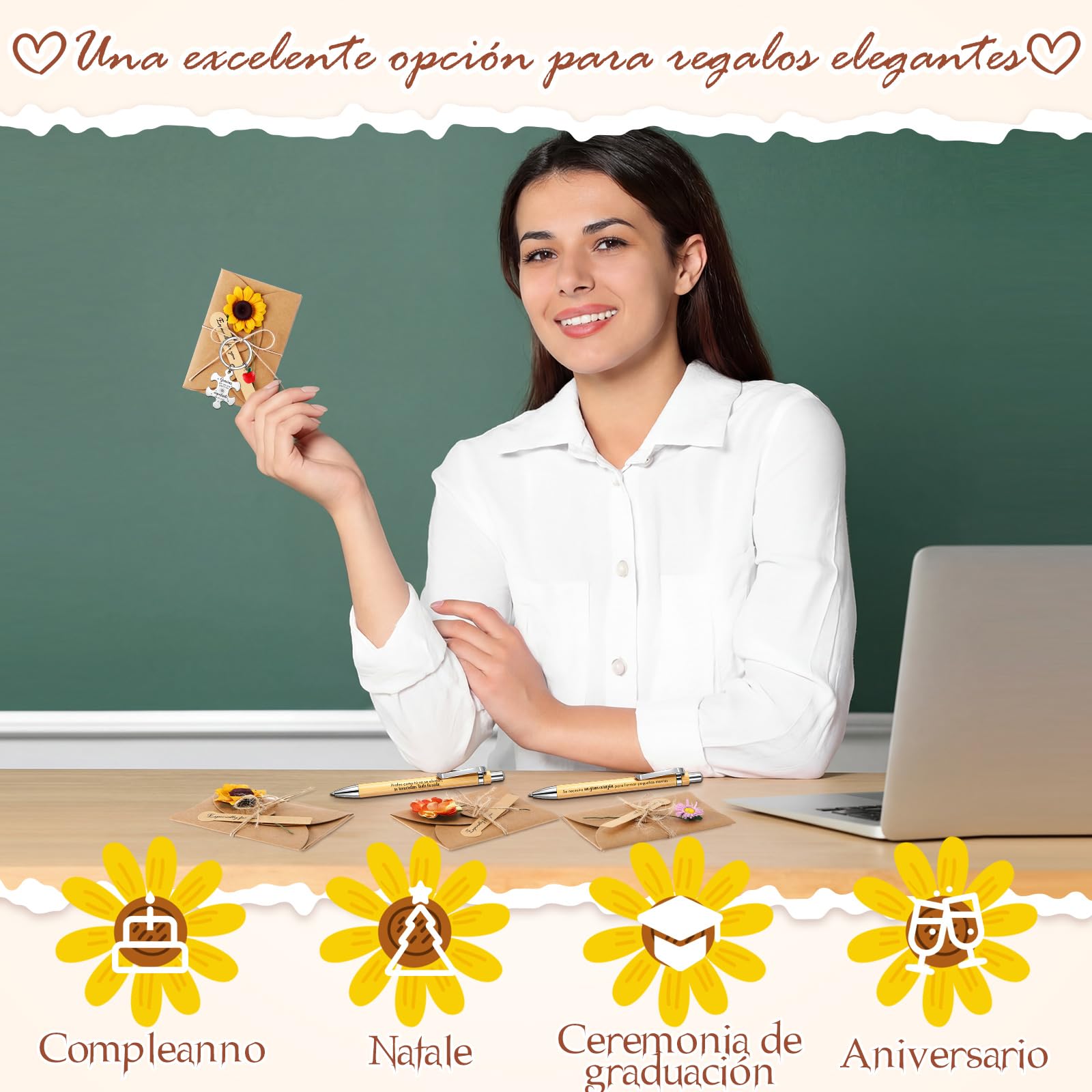 Jetec 6 Sets Regalo Maestro, 6 Llavero de Agradecimiento en Español, 6 Bolígrafos de Madera, 6 Tarjetas con Flores Artificiales, Regalo Agradecimiento Profesora Primaria para Navidad Jubilación