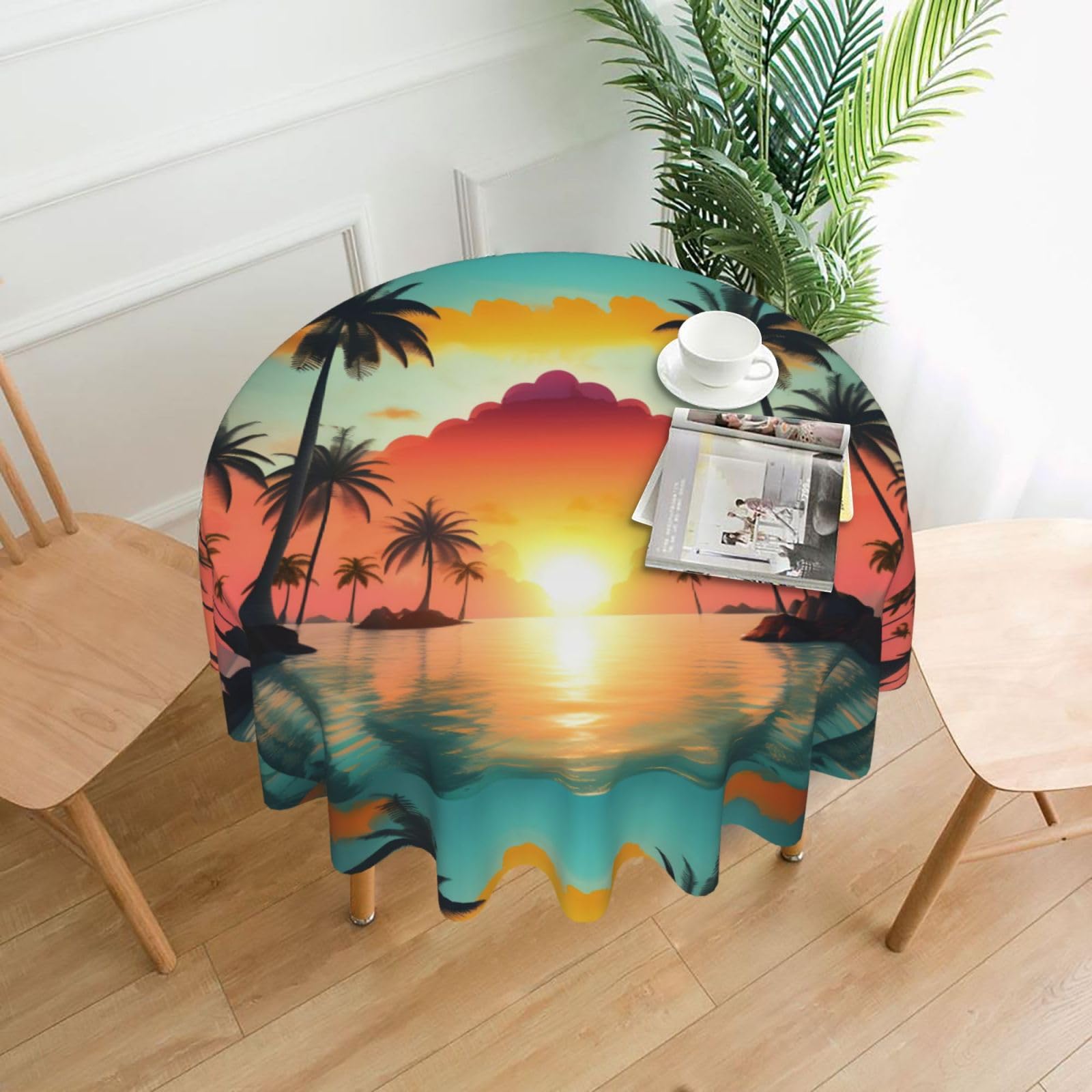 Nbtghga Sunrise Tropical Palm Tree Island Print Tablecloth Round Border Table Cloth Cover Decorative For Party Holiday Dinning Tabletop Home