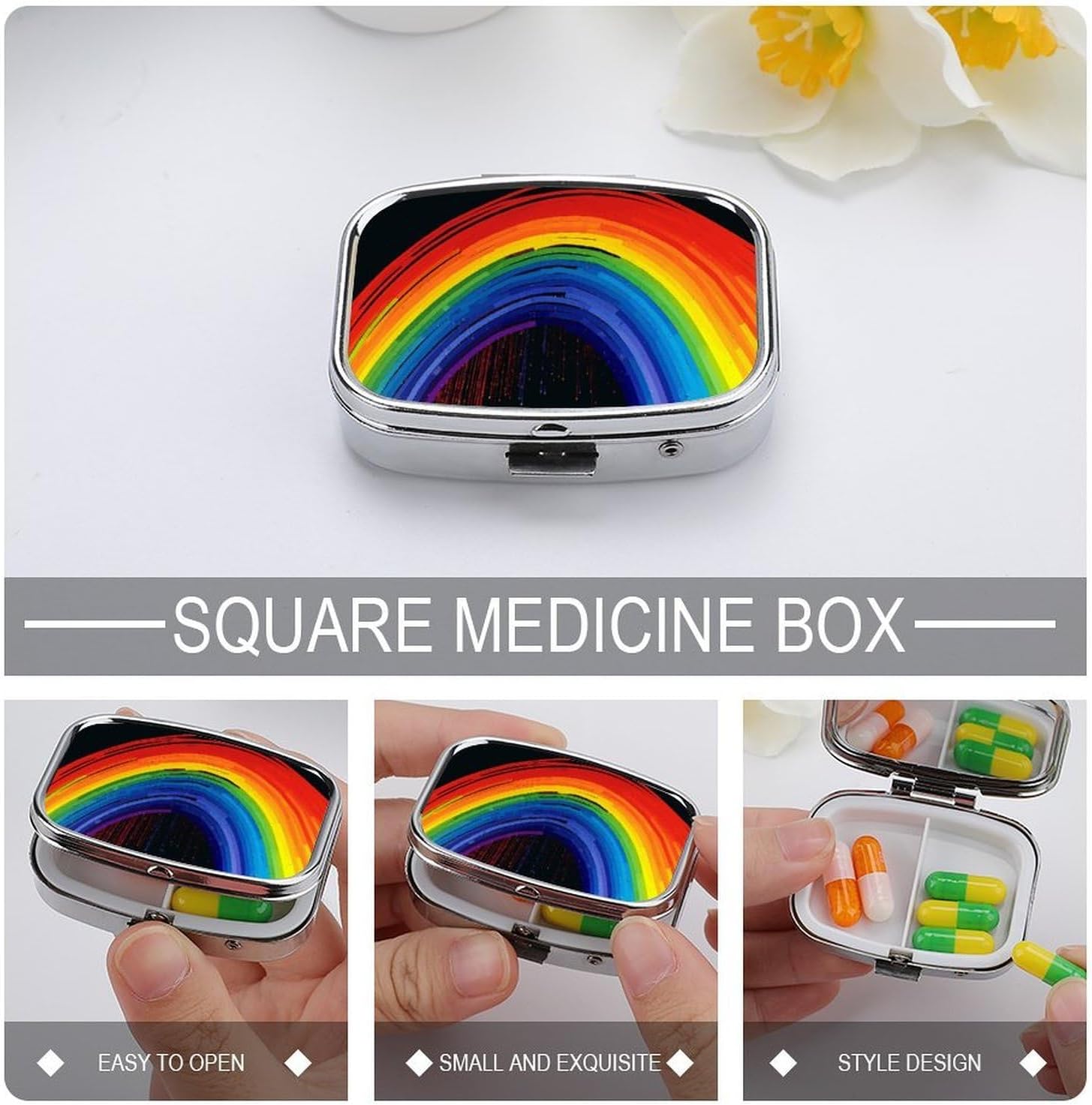 Rainbow Square Pill Box with 2 Compartment & Mirror image 4