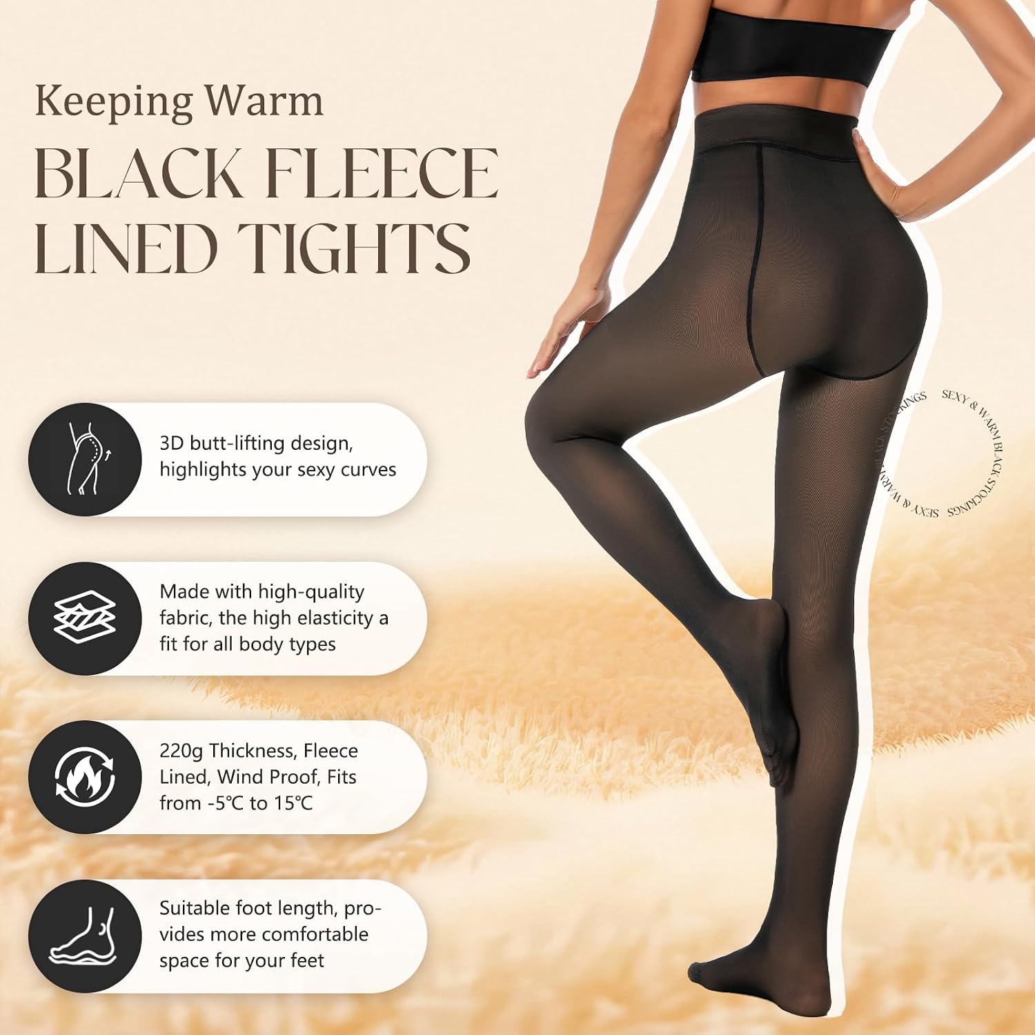 Nackiy Fleece Lined Tights for Women, Fake Translucent Warm Pantyhose, Thick Black Thermal Sheer Leggings for Winter Dresses