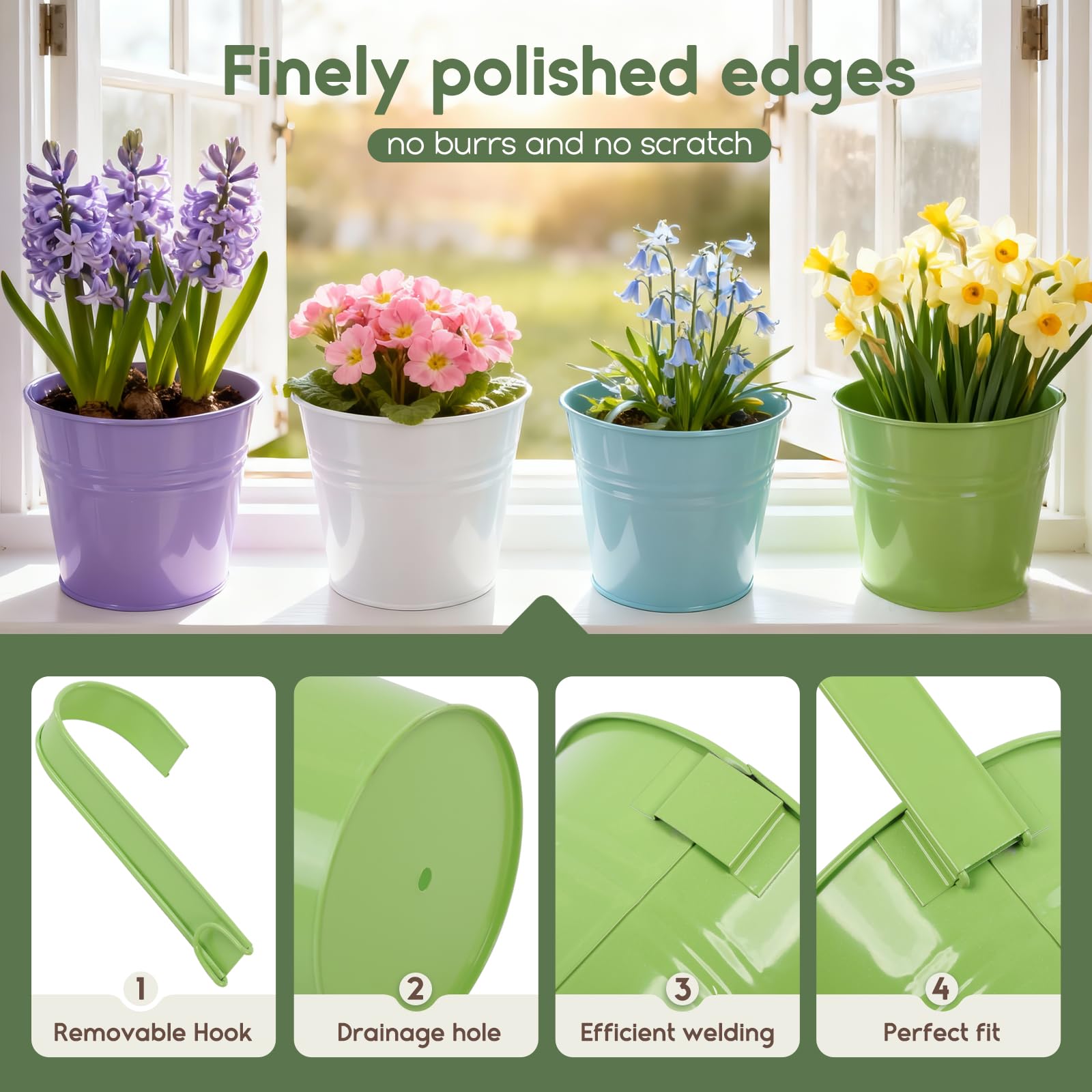 CITÉTOILE - Juego de 4 Macetas Colgantes Grandes con Agujero de Drenaje y Asas Extraíbles - Set Multicolor para Plantas Colgantes de Balcón, Terraza o Interior, Modelo 03 — view 3