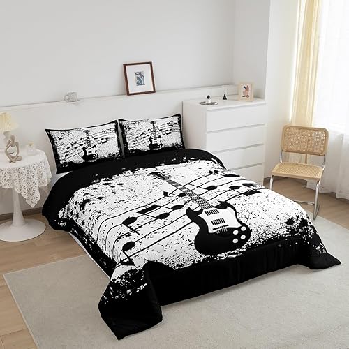 Miniatura 2 de Juego de ropa de cama de guitarra vintage, juego de edredón de notas musicales tamaño individual, edredón retro grunge, edredón y juegos de ropa de