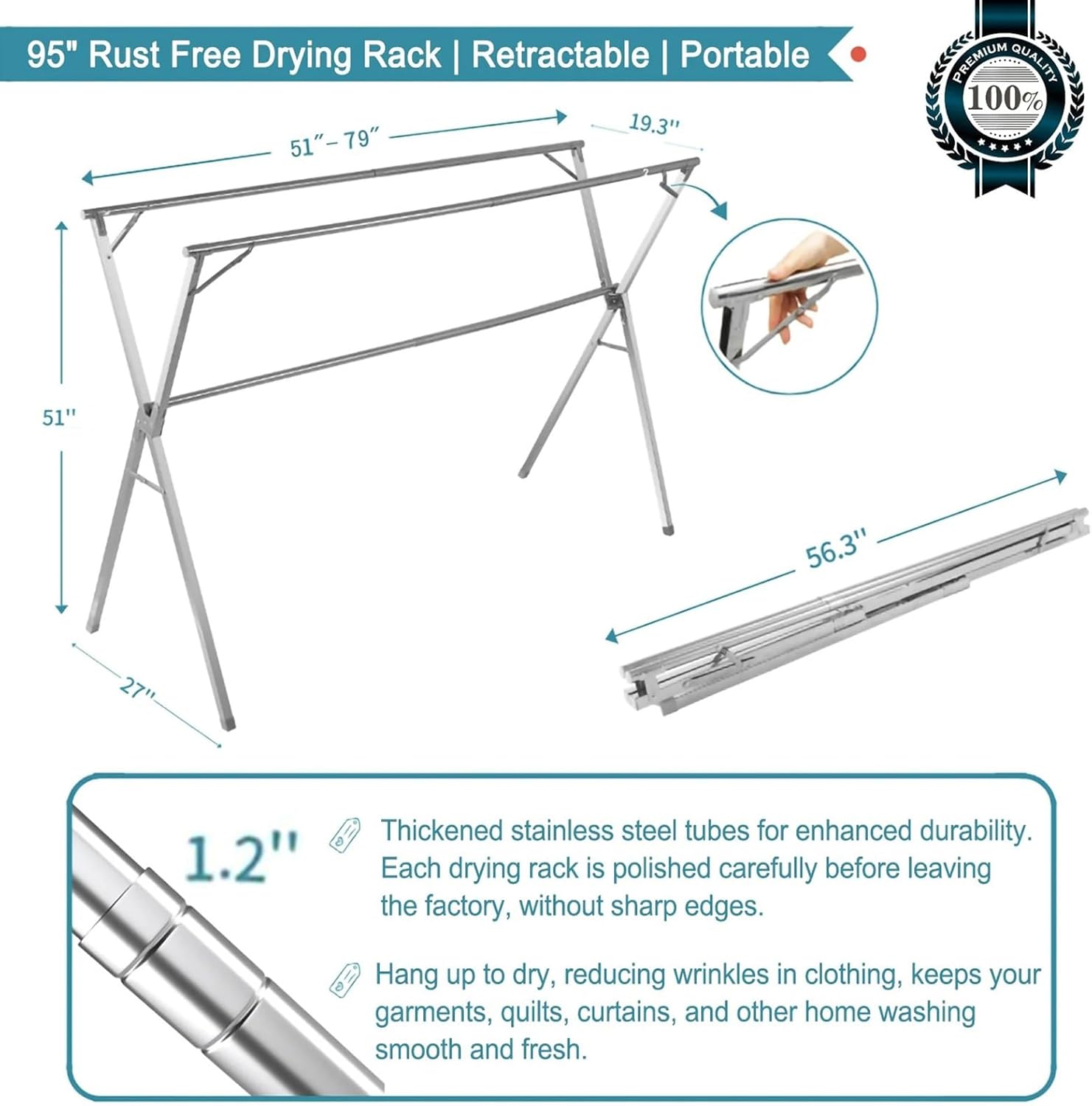 79 Inch Adjustable Foldable Clothes Drying Rack – Stainless Steel Garment Rack with 20 Hooks, 200LBS Capacity for Indoor Outdoor Laundry
