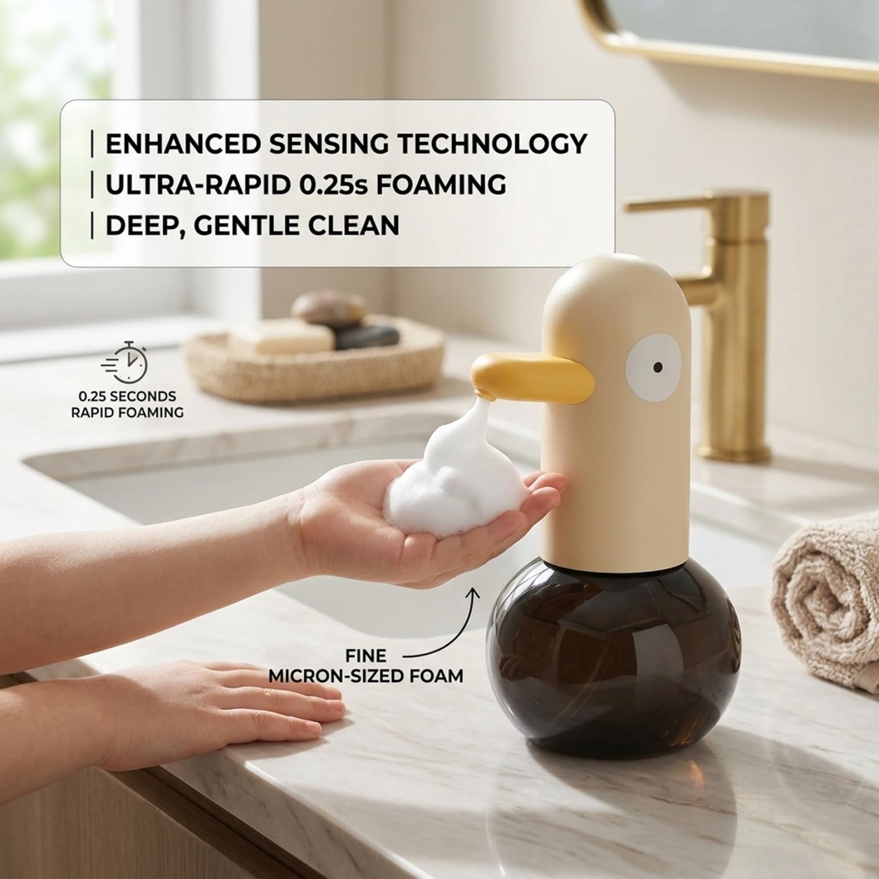 Dispenser di sapone per bambini, dispenser automatico di sapone in schiuma con risposta rapida da 0,25 secondi e batteria ricaricabile, design carino a forma di anatra per bagno e lavello della